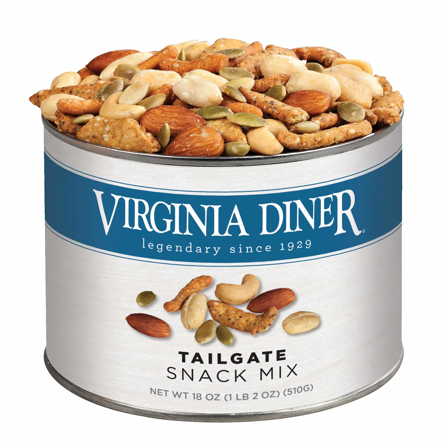 Virginia Diner Tailgate Snack Mix - Gourmet Snack Mix with Cashews, Sesame Sticks, Pepitas & Almonds - Virginia Peanuts Gift Pack Snacks for Adults - 18 Oz Tin