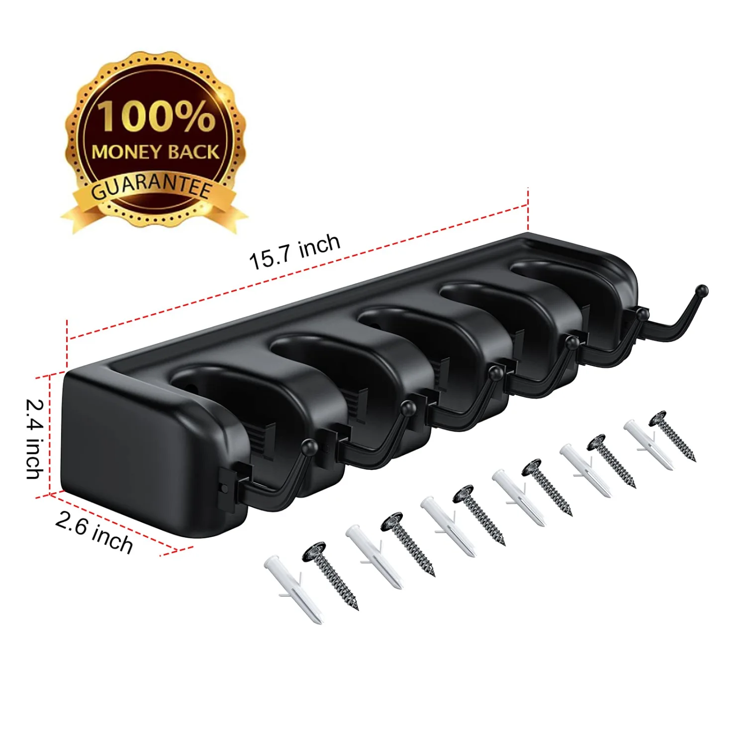 LETMY Broom Holder Wall Mount - Mop and Broom Hanger Holder - Garage Storage Rack & Garden Tool Organizer - 5 Position 6 Hooks Broom Rack for Home, kitchen, Garden, Tools, Garage Organization - Black