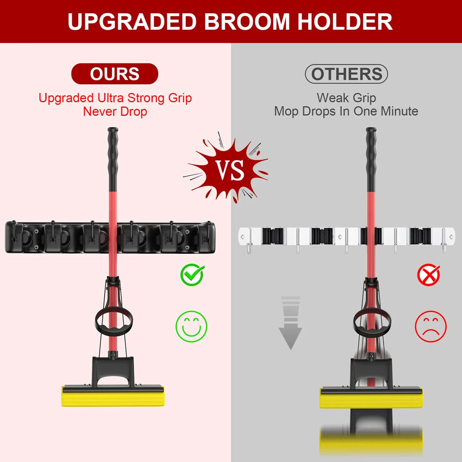 LETMY Broom Holder Wall Mount - Mop and Broom Hanger Holder - Garage Storage Rack & Garden Tool Organizer - 5 Position 6 Hooks Broom Rack for Home, kitchen, Garden, Tools, Garage Organization - Black