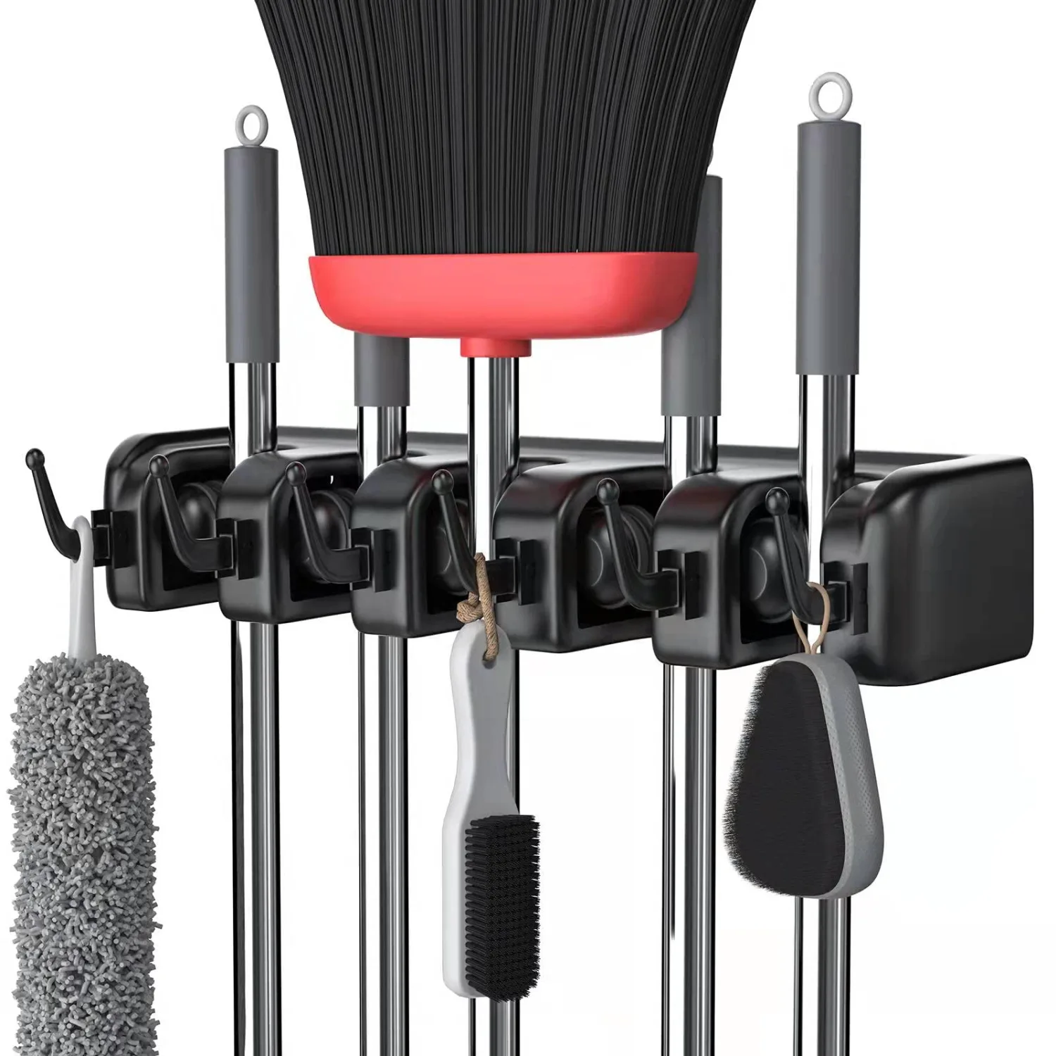 LETMY Broom Holder Wall Mount - Mop and Broom Hanger Holder - Garage Storage Rack & Garden Tool Organizer - 5 Position 6 Hooks Broom Rack for Home, kitchen, Garden, Tools, Garage Organization - Black