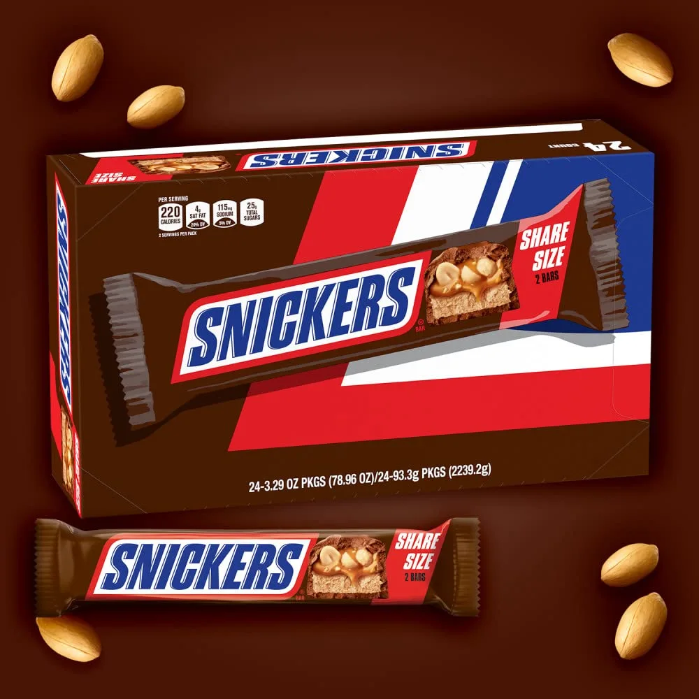 SNICKERS Milk Chocolate Candy Bars - Individually Wrapped Share Size Milk Chocolate Bars, 3.29 oz, Pack of 24 Bulk Box