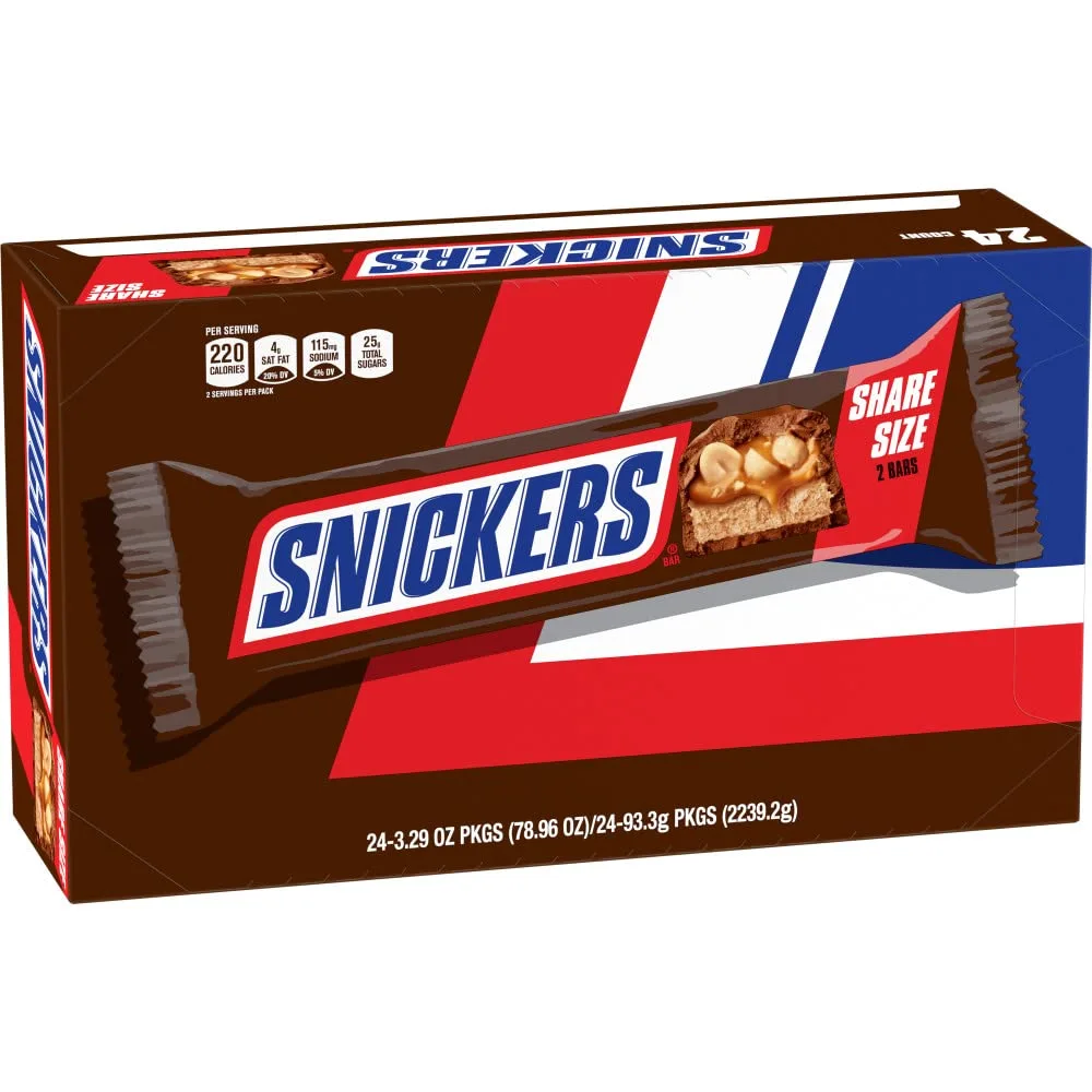 SNICKERS Milk Chocolate Candy Bars - Individually Wrapped Share Size Milk Chocolate Bars, 3.29 oz, Pack of 24 Bulk Box