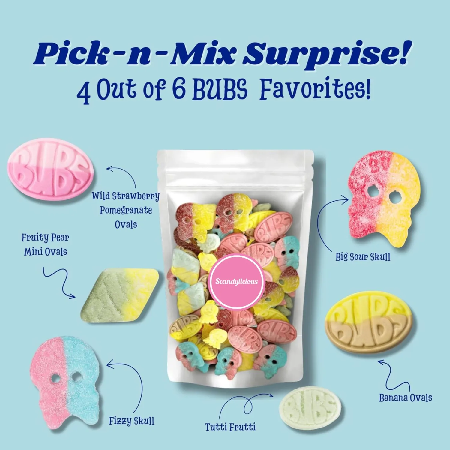 Bubs Swedish Candy Mix - Big Ovals, Skulls, and More - Sweet and Sour Swedish Gummies - 1 Pound of Godis From Sweden (0.5 LB)
