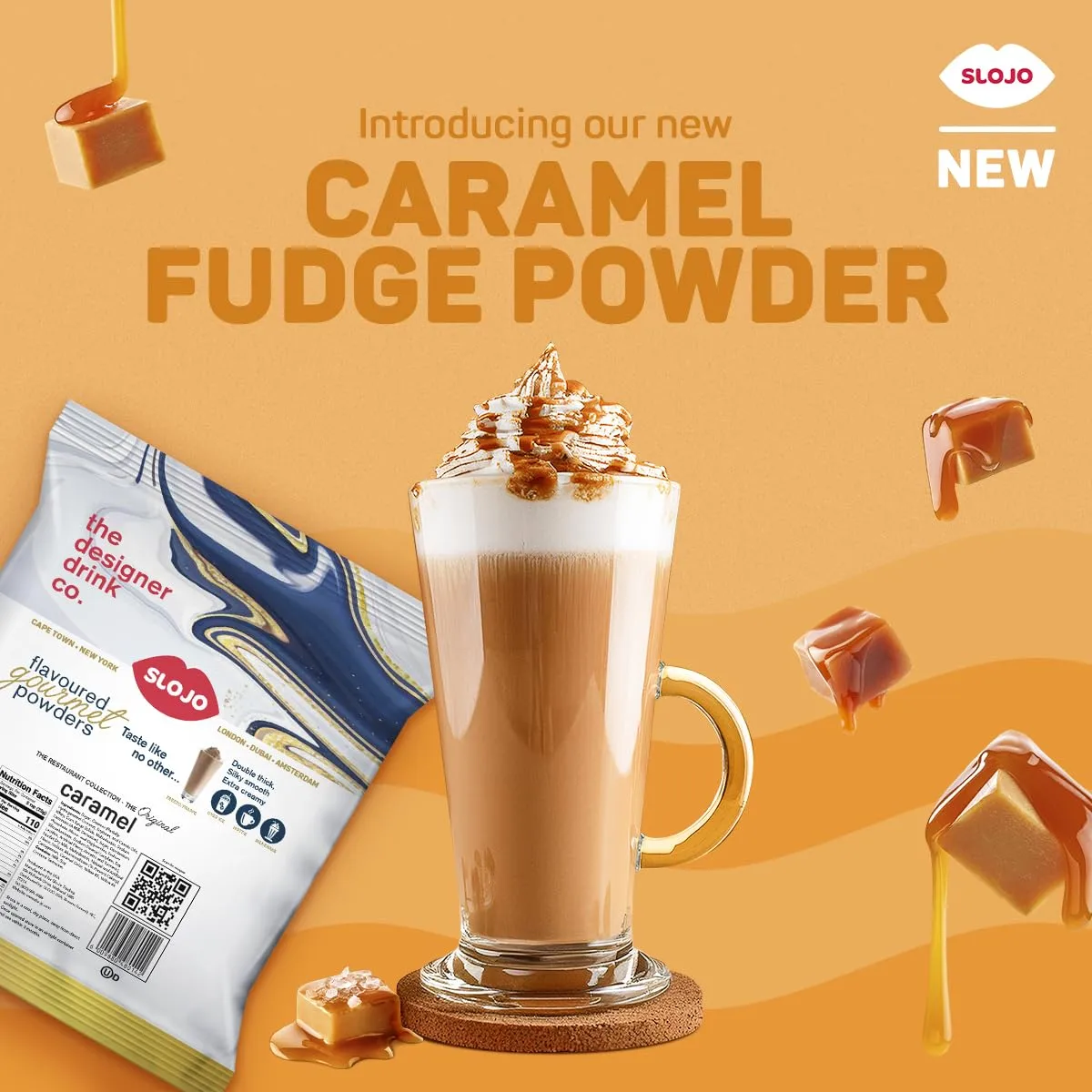 Slojo Caramel Flavored Gourmet Powder– Versatile Powder Drink Mix – Hot, Cold, Blended or Iced – Perfect for Smoothie, Latte, Frappé, Milkshake, Mocha – Rich, Creamy & Luxurious – Made in USA – 2.2 lb Bag