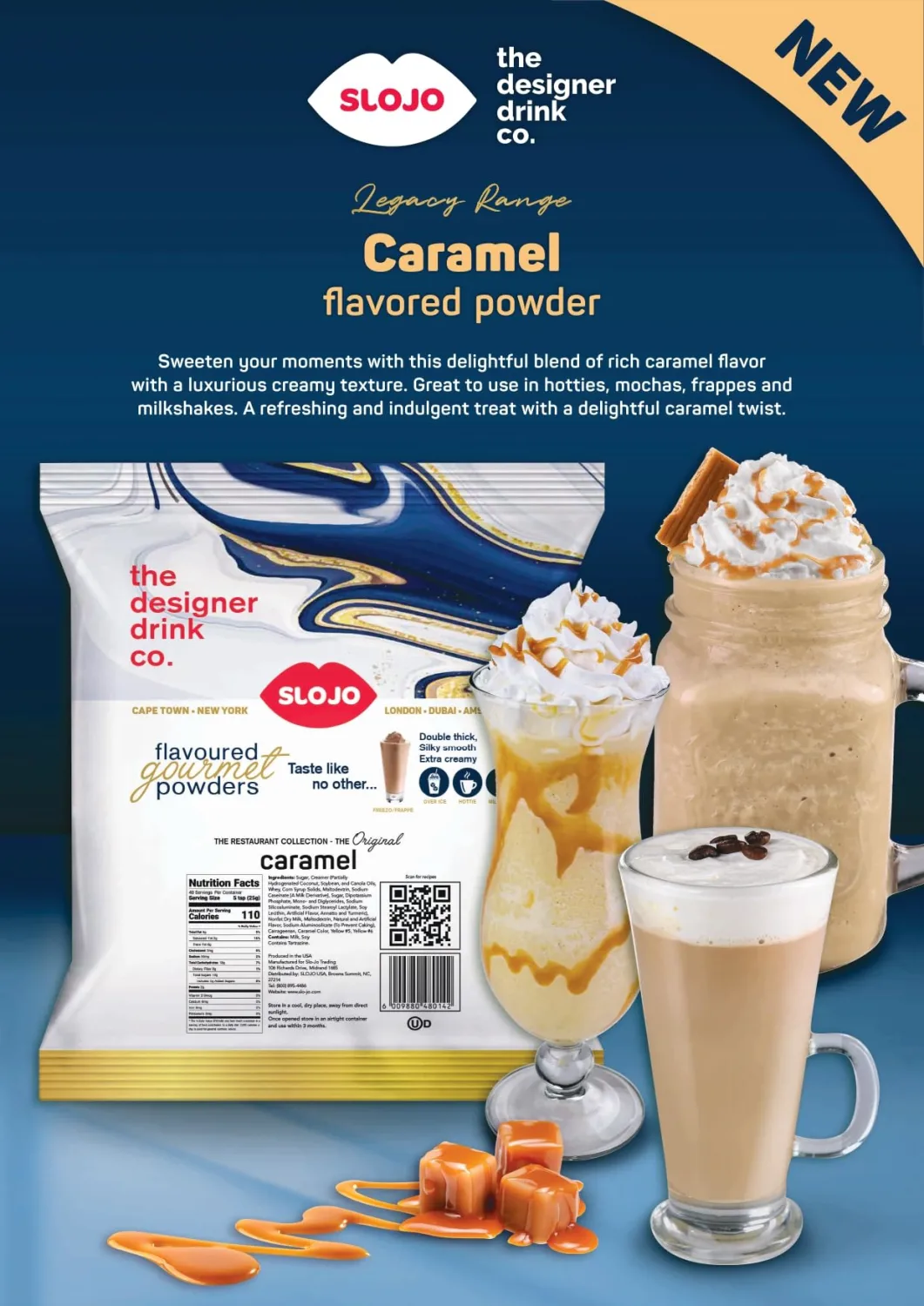 Slojo Caramel Flavored Gourmet Powder– Versatile Powder Drink Mix – Hot, Cold, Blended or Iced – Perfect for Smoothie, Latte, Frappé, Milkshake, Mocha – Rich, Creamy & Luxurious – Made in USA – 2.2 lb Bag