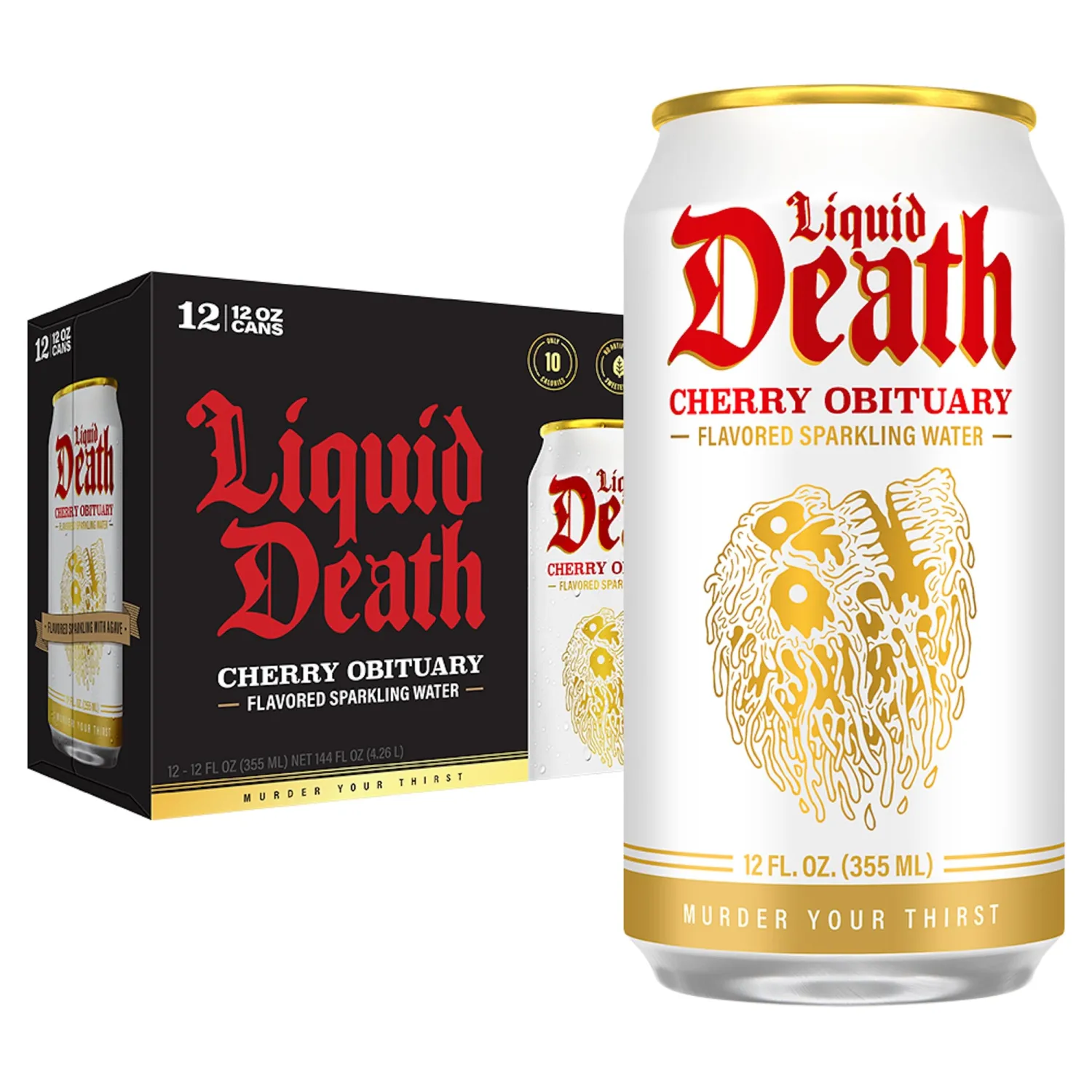Liquid Death, Cherry Obituary, Cherry-Flavored Sparkling Water, 12-Pack (12oz Cans), Low Calorie & No Artificial Sweeteners