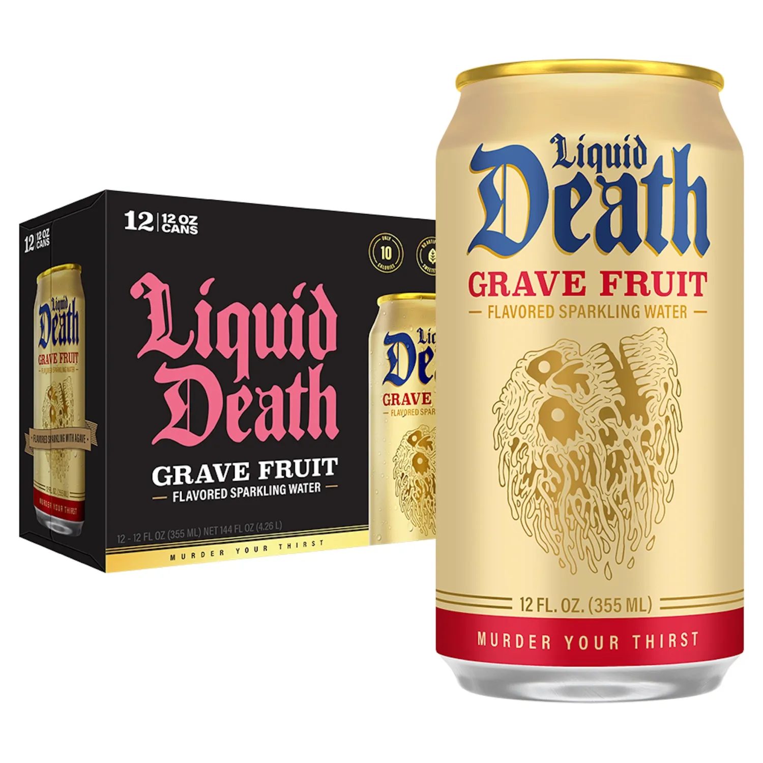 Liquid Death, Grave Fruit, Grapefruit-Flavored Sparkling Water, 12-Pack (12oz Cans), Low Calorie & No Artificial Sweeteners