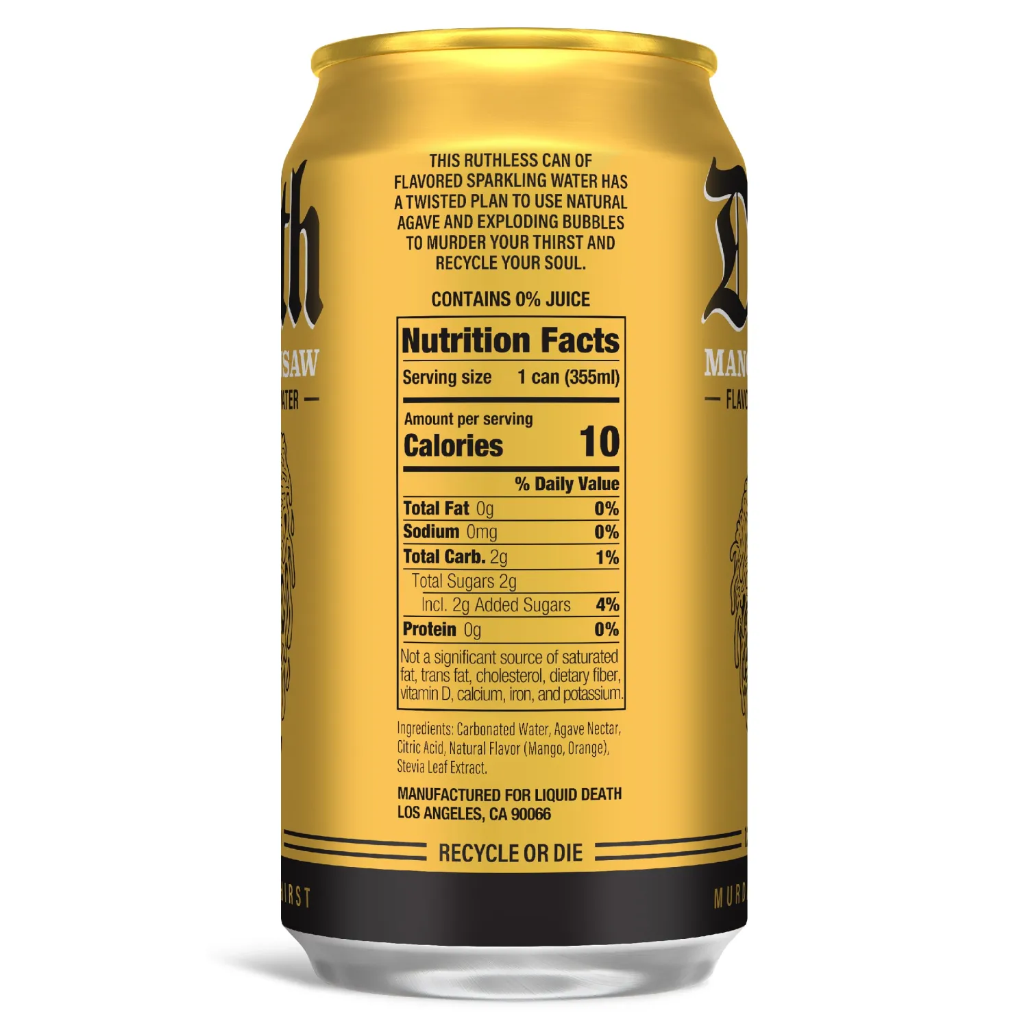Liquid Death, Mango Chainsaw, Mango-Flavored Sparkling Water, 12-Pack (12oz Cans), Low Calorie & No Artificial Sweeteners