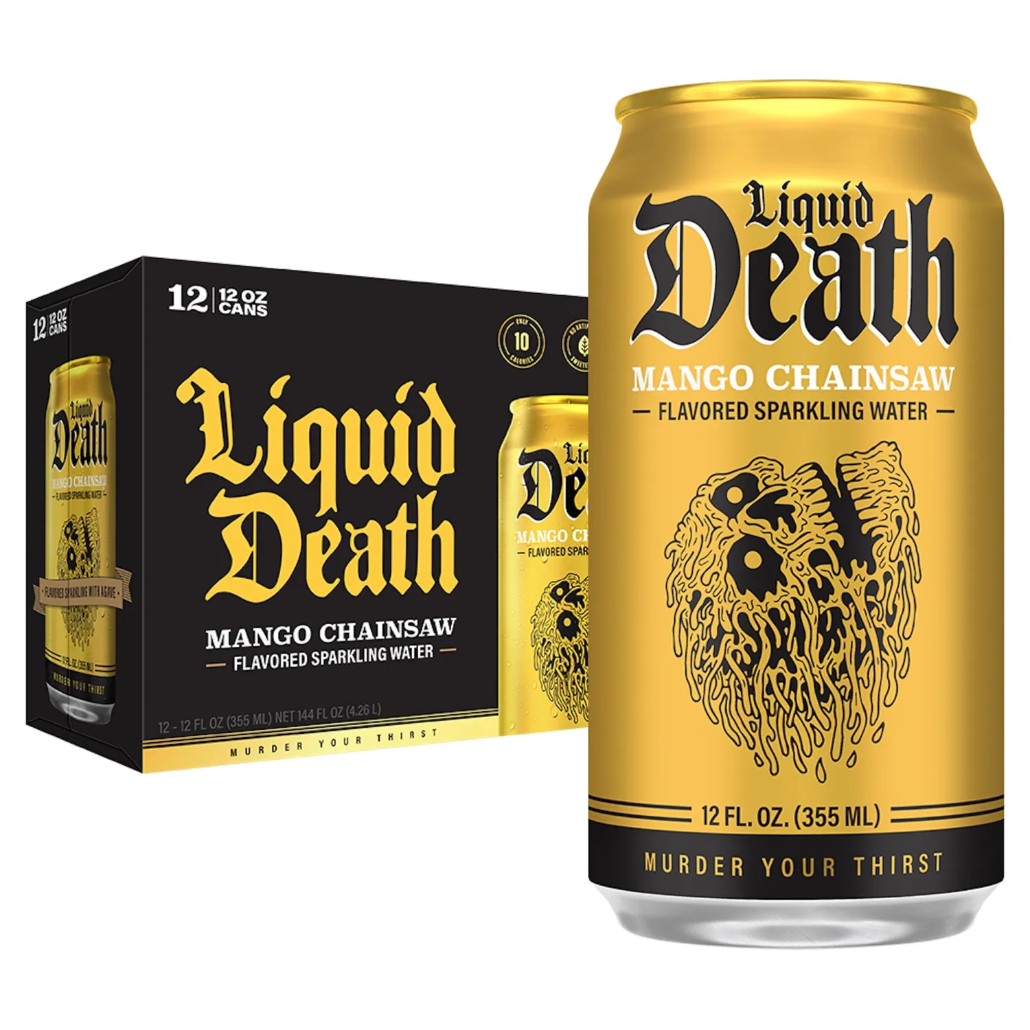 Liquid Death, Mango Chainsaw, Mango-Flavored Sparkling Water, 12-Pack (12oz Cans), Low Calorie & No Artificial Sweeteners