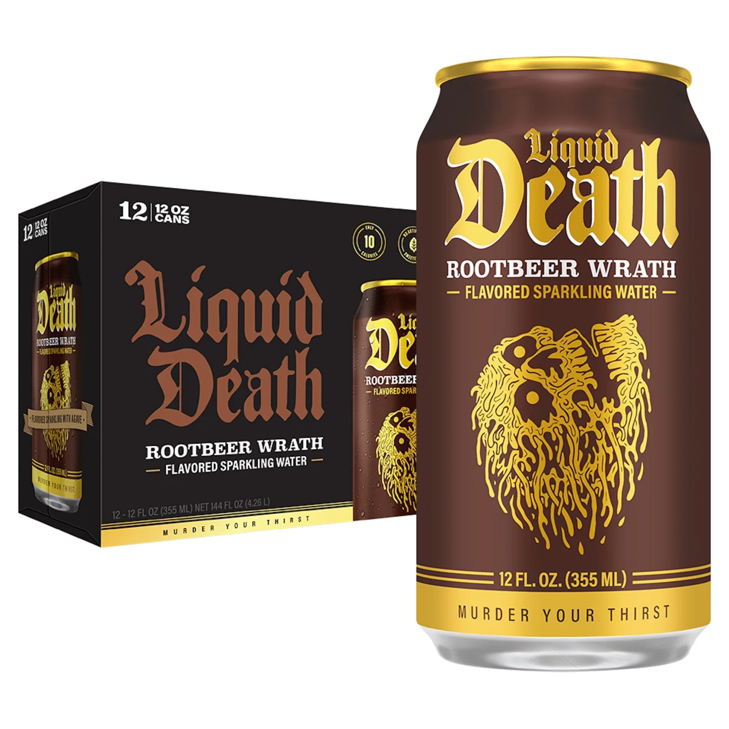 Liquid Death, Rootbeer Wrath, Root Beer-Flavored Sparkling Water, 12-Pack (12oz Cans), Low Calorie & No Artificial Sweeteners