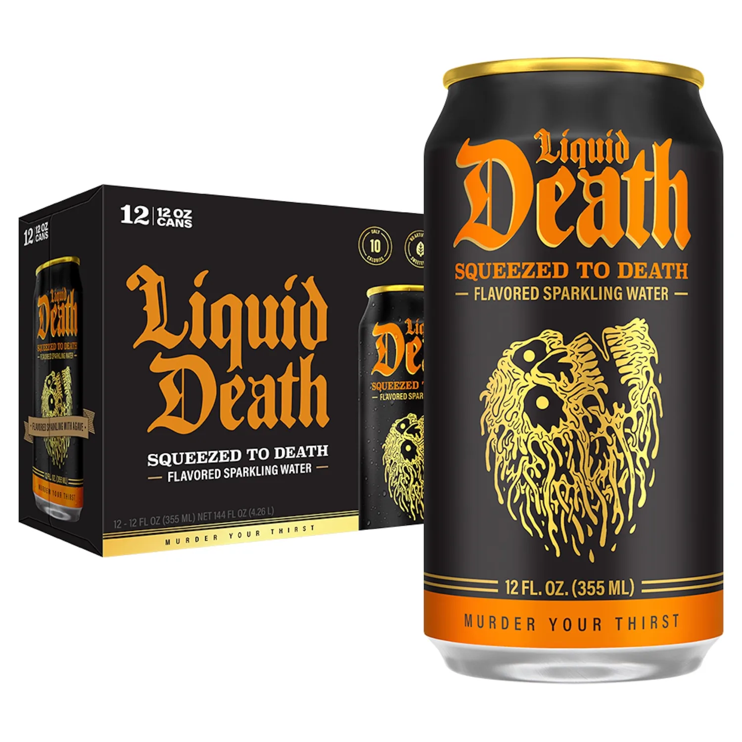 Liquid Death, Squeezed to Death, Orange-Flavored Sparkling Water, 12-Pack (12oz Cans), Low Calorie & No Artificial Sweeteners