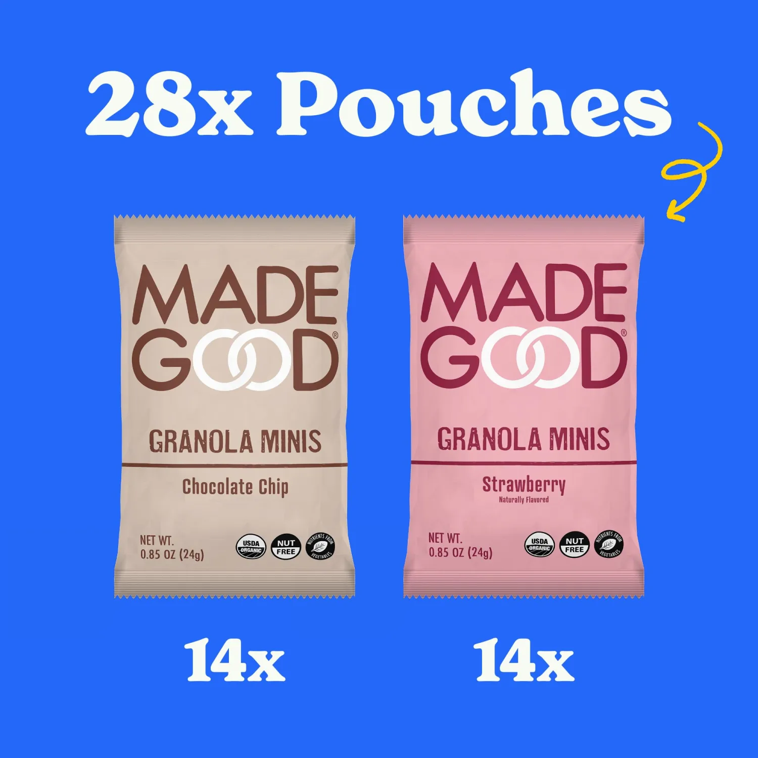 MadeGood Granola Minis Chocolate Chip & Strawberry Variety Pack (28 Count) Gluten Free and Organic Snacks