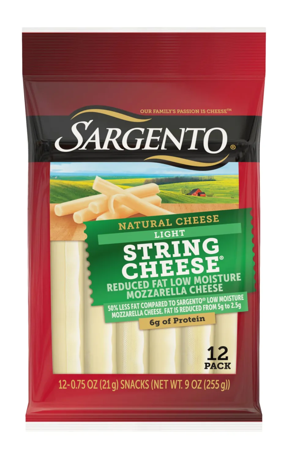 Sargento Reduced Fat Low Moisture Part-Skim Mozzarella Natural Cheese Light String Cheese Snacks, 12-Count