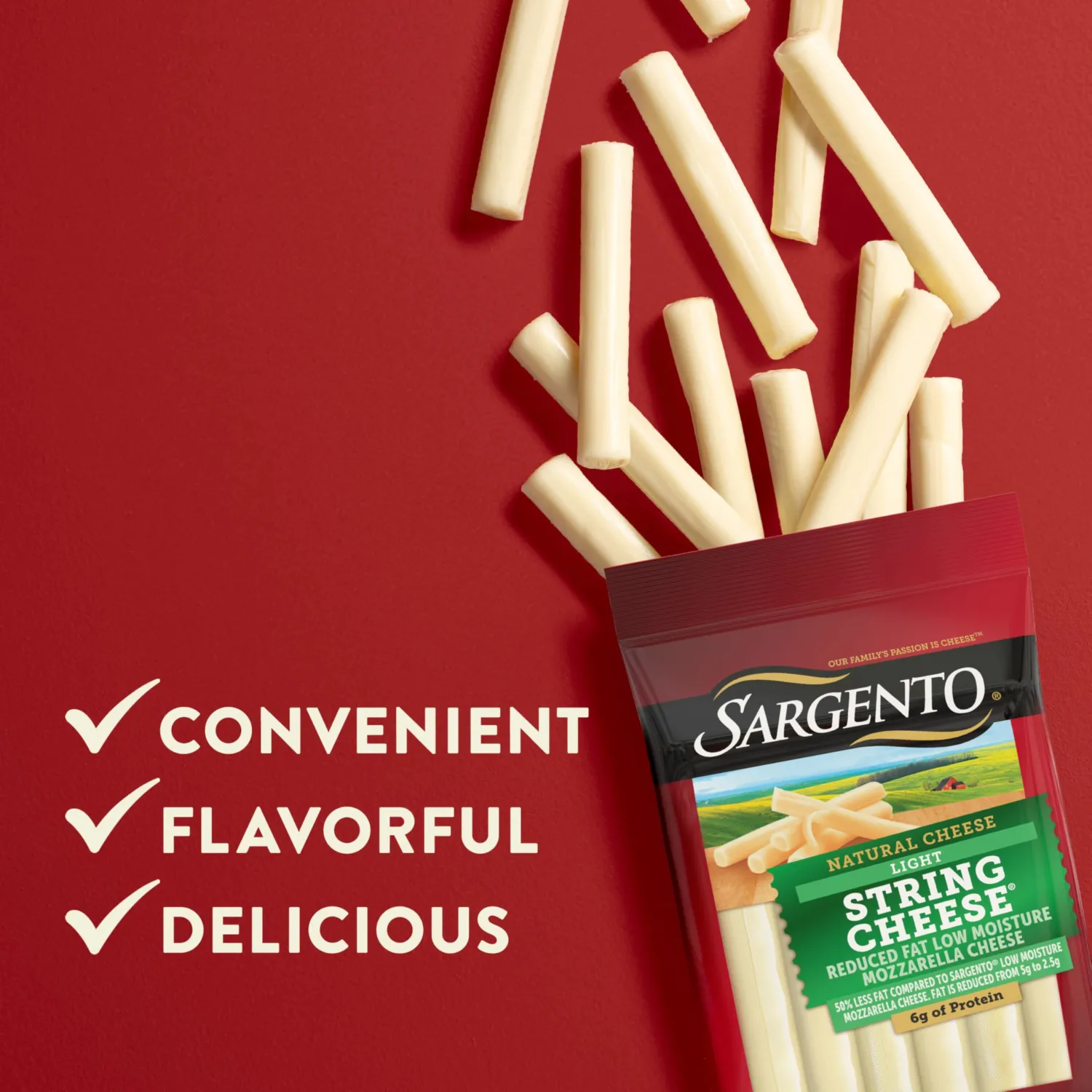 Sargento Reduced Fat Low Moisture Part-Skim Mozzarella Natural Cheese Light String Cheese Snacks, 12-Count