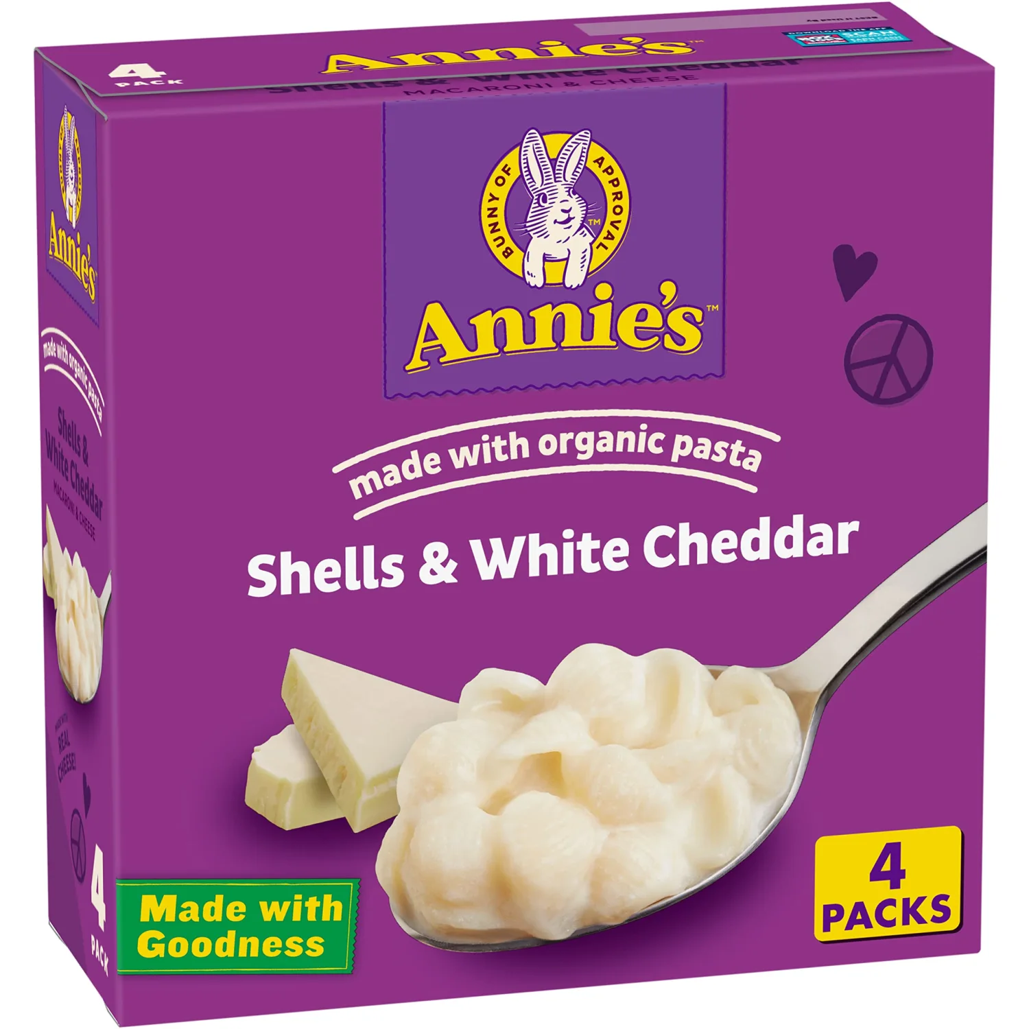 Annie's Shells and White Cheddar Mac and Cheese with Organic Pasta, Dinner Side or Snacks, 4 Ct, 24 oz