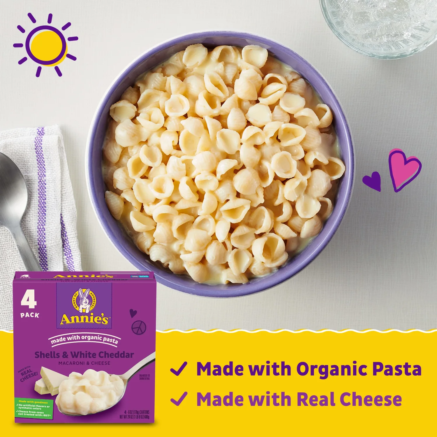 Annie's Shells and White Cheddar Mac and Cheese with Organic Pasta, Dinner Side or Snacks, 4 Ct, 24 oz