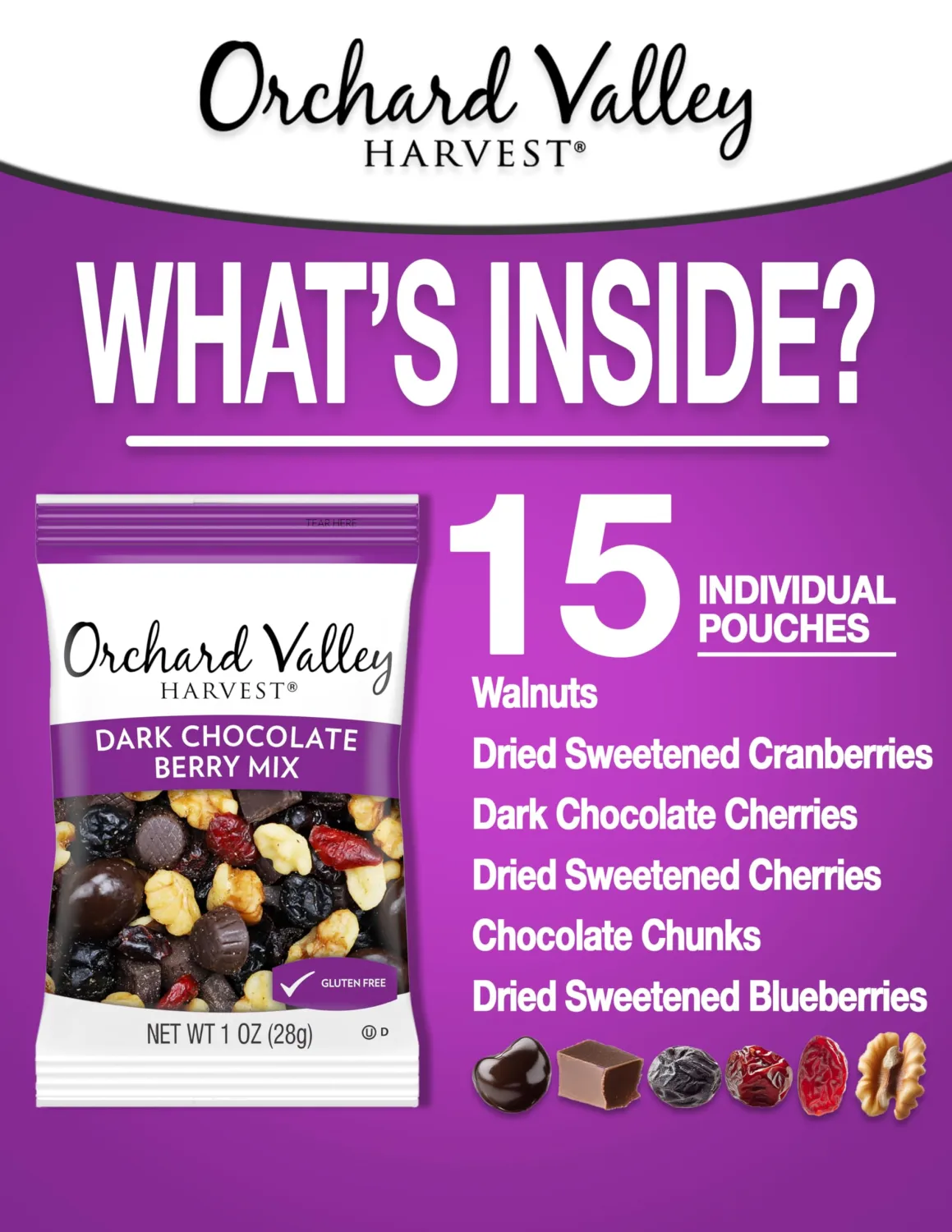 Orchard Valley Harvest Dark Chocolate Berry Mix, 1oz Snack Packs 15 Count – Walnuts, Sweetened Cranberries, Dark Chocolate Cherries, Blueberries, Gluten-Free, 2g Fiber, Chocolate Covered Berries