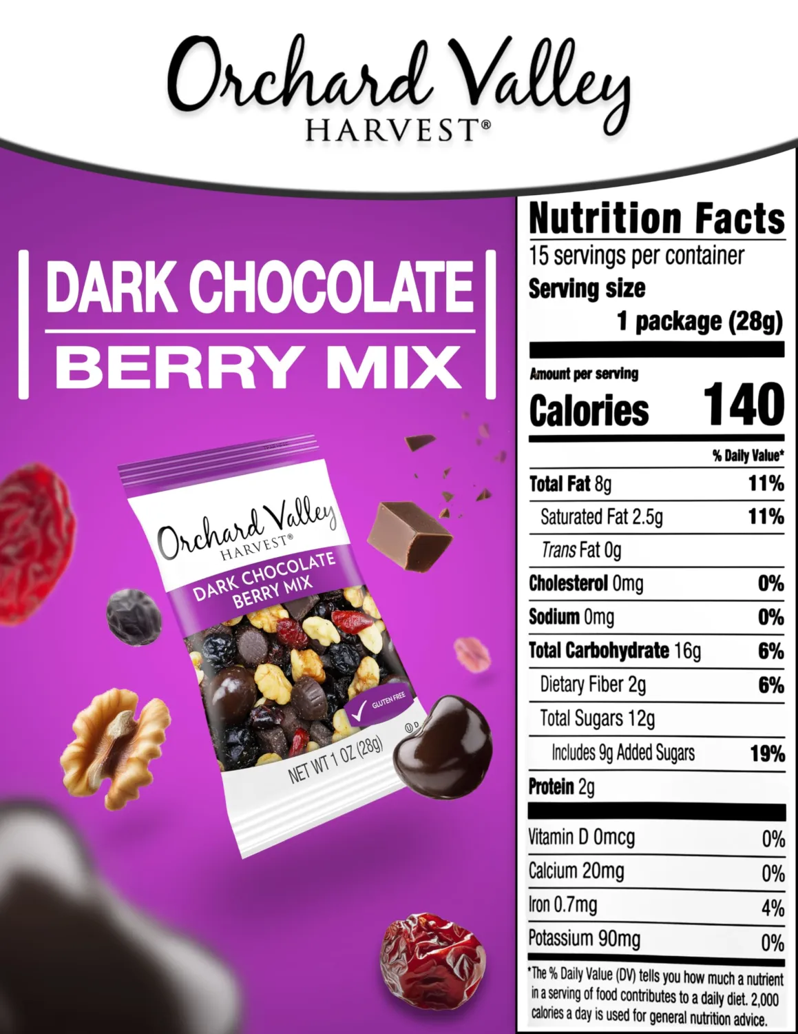 Orchard Valley Harvest Dark Chocolate Berry Mix, 1oz Snack Packs 15 Count – Walnuts, Sweetened Cranberries, Dark Chocolate Cherries, Blueberries, Gluten-Free, 2g Fiber, Chocolate Covered Berries