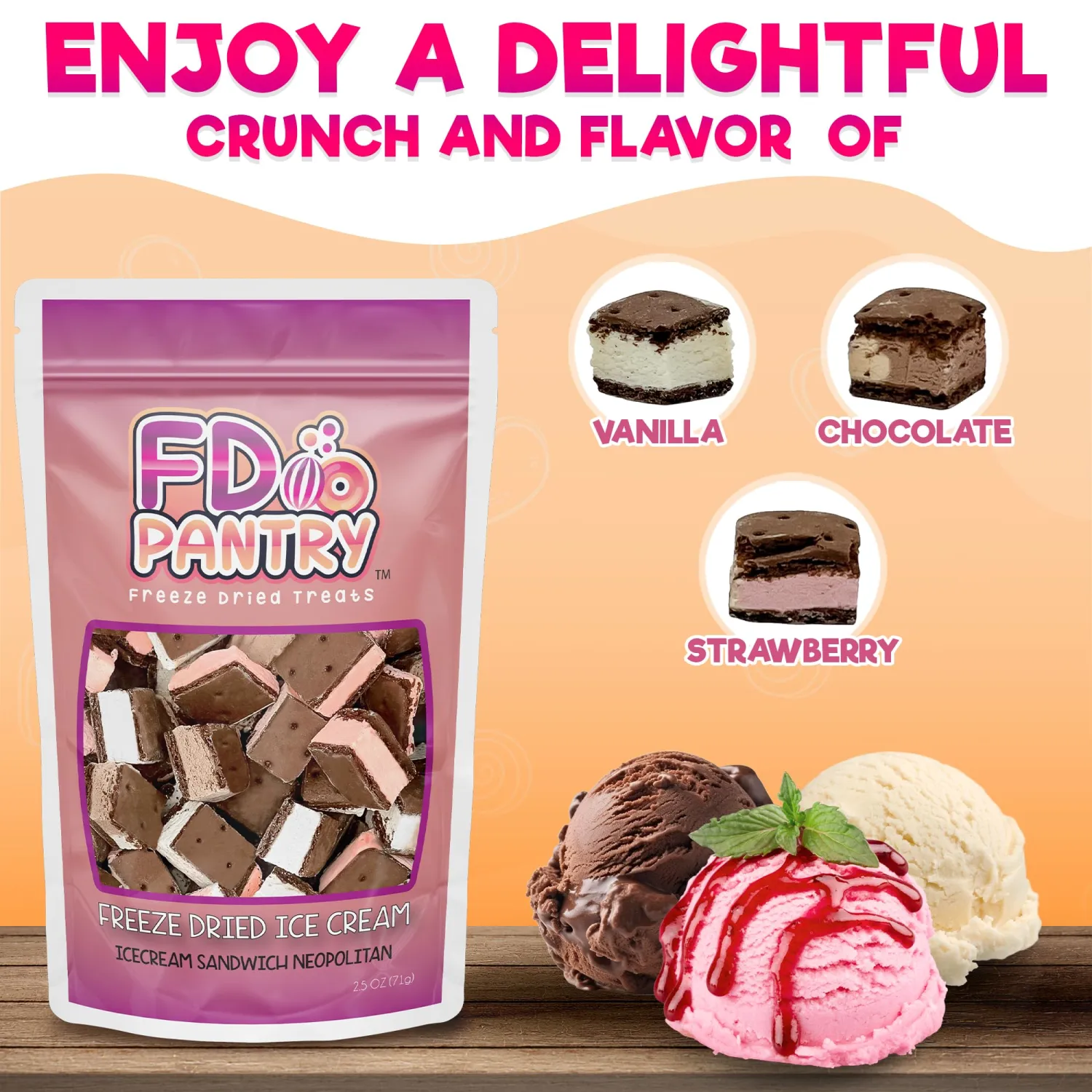 Freeze Dried Ice Cream Sandwich Bites, Neapolitan, Crunchy & Sweet Snack, 2.5 oz, Dehydrated, Resealable Gift Bag, Strawberry, Vanilla, Chocolate