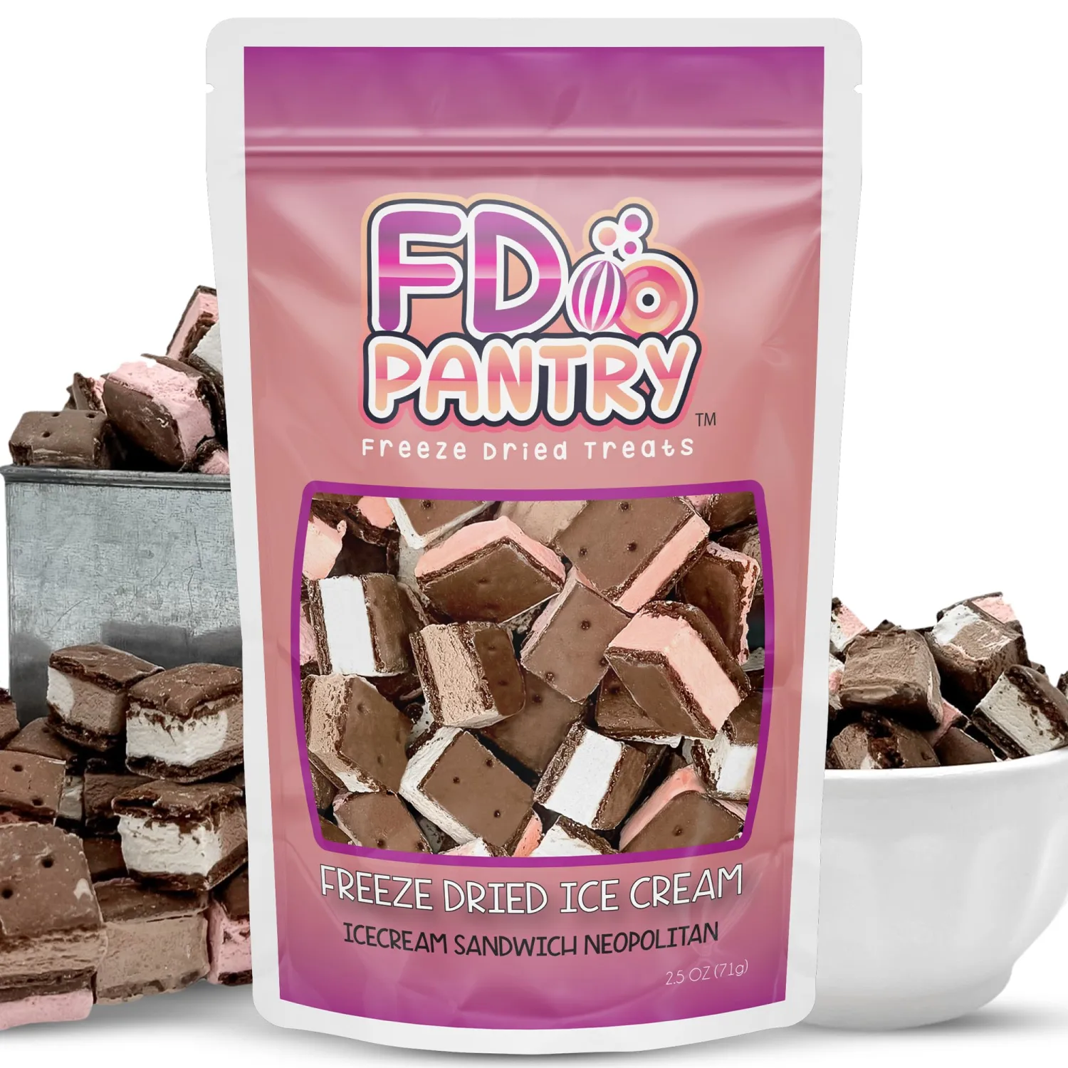 Freeze Dried Ice Cream Sandwich Bites, Neapolitan, Crunchy & Sweet Snack, 2.5 oz, Dehydrated, Resealable Gift Bag, Strawberry, Vanilla, Chocolate