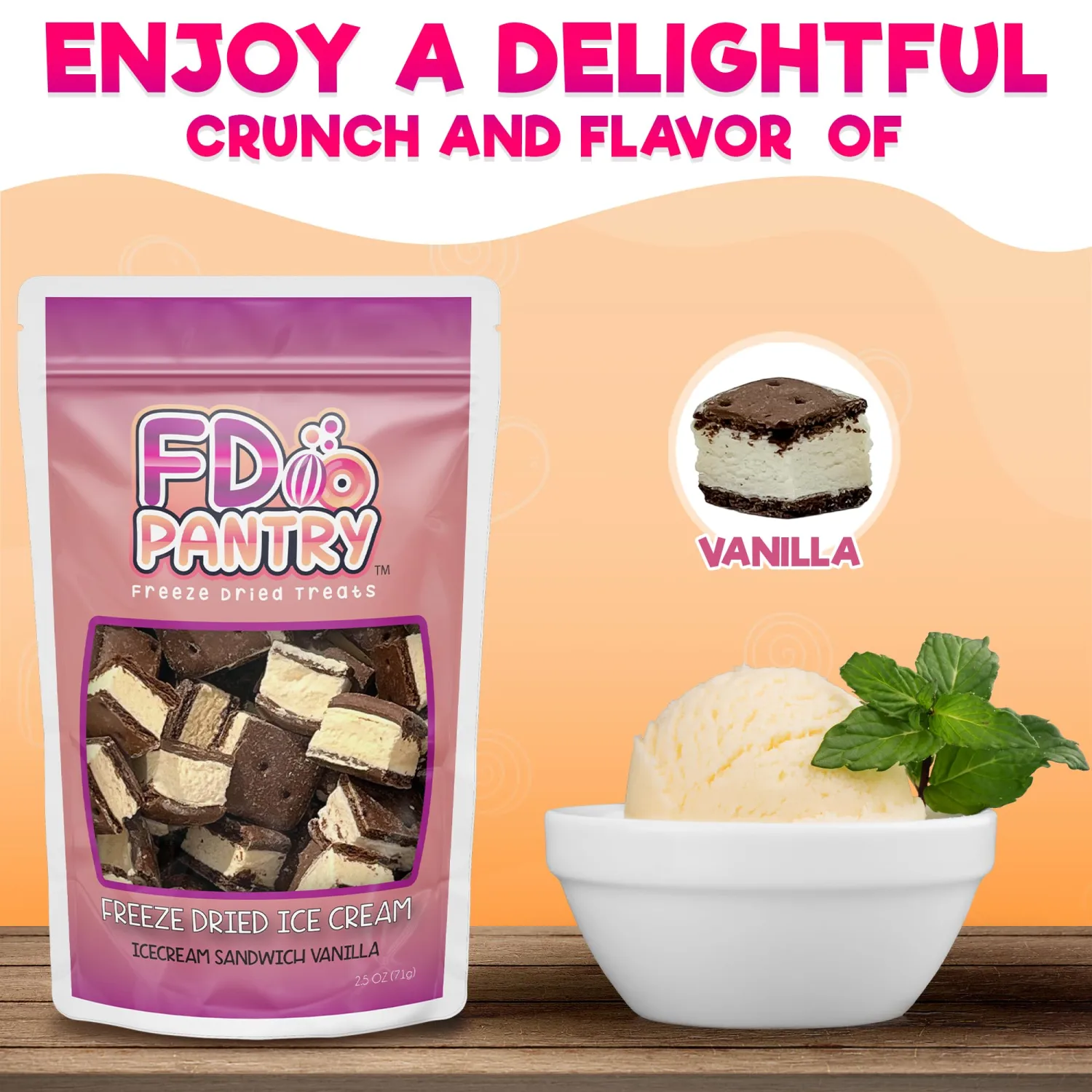 Freeze Dried Ice Cream Sandwich Bites, 2 Pack, Vanilla, Crunchy & Sweet Snack, 2.5 oz, Dehydrated, Resealable Gift Bag