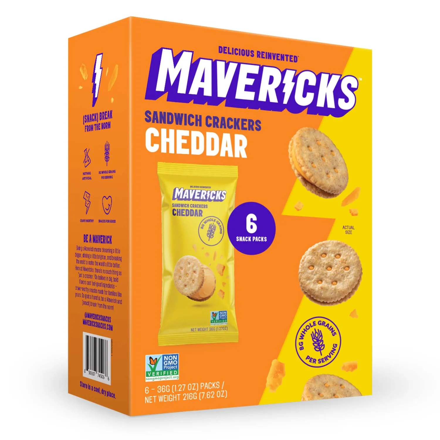 Mavericks Sandwich Crackers Cheddar - Cheese Filled Whole Grain Sandwich Cracker Snack Packs, Non-GMO - 1 Box (6 Snack Packs)