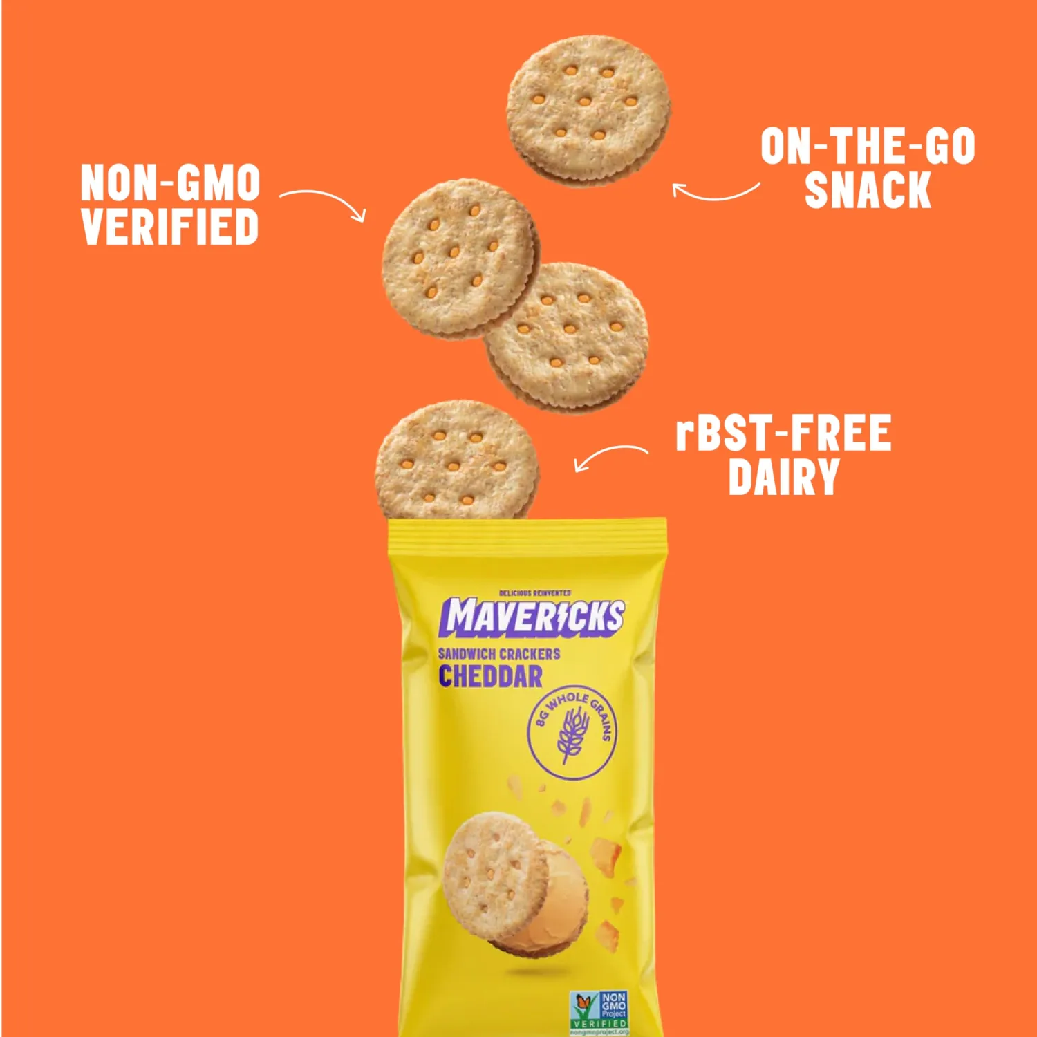 Mavericks Sandwich Crackers Cheddar - Cheese Filled Whole Grain Sandwich Cracker Snack Packs, Non-GMO - 1 Box (6 Snack Packs)