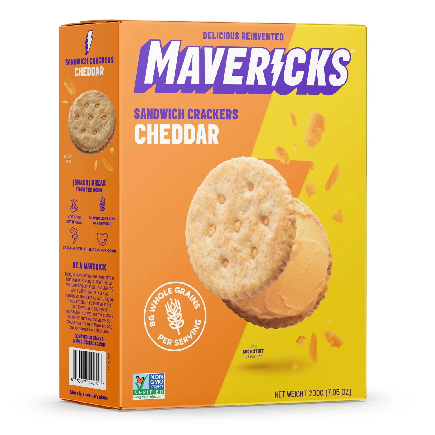 Mavericks Sandwich Crackers Cheddar - Cheese Crackers, Snack Crackers, Whole Grain Sandwich Cracker Snacks, Cheese Filled Cracker Sandwiches, Non-GMO - 7 oz Box (1 Pack)