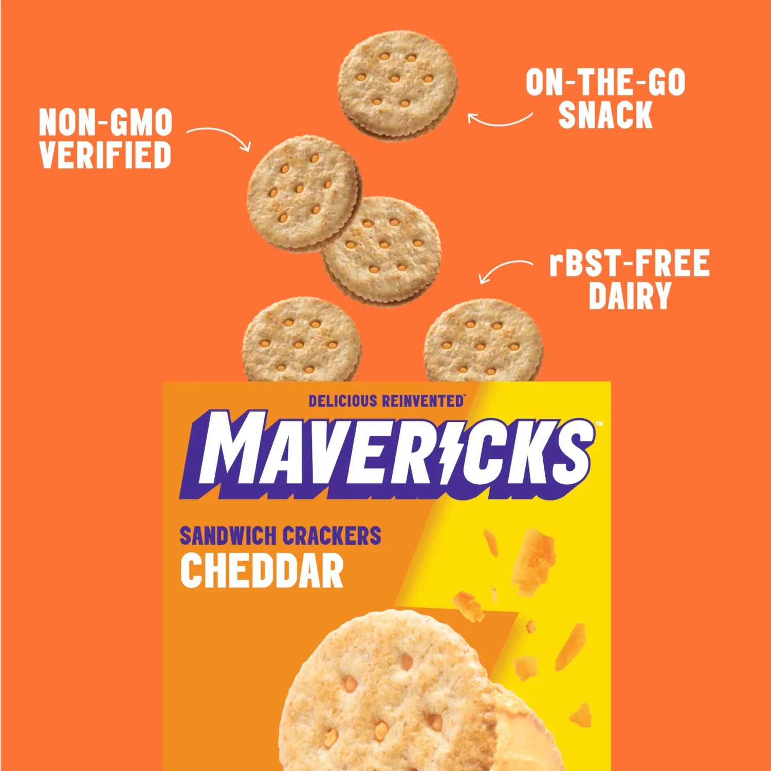 Mavericks Sandwich Crackers Cheddar - Cheese Crackers, Snack Crackers, Whole Grain Sandwich Cracker Snacks, Cheese Filled Cracker Sandwiches, Non-GMO - 7 oz Box (1 Pack)