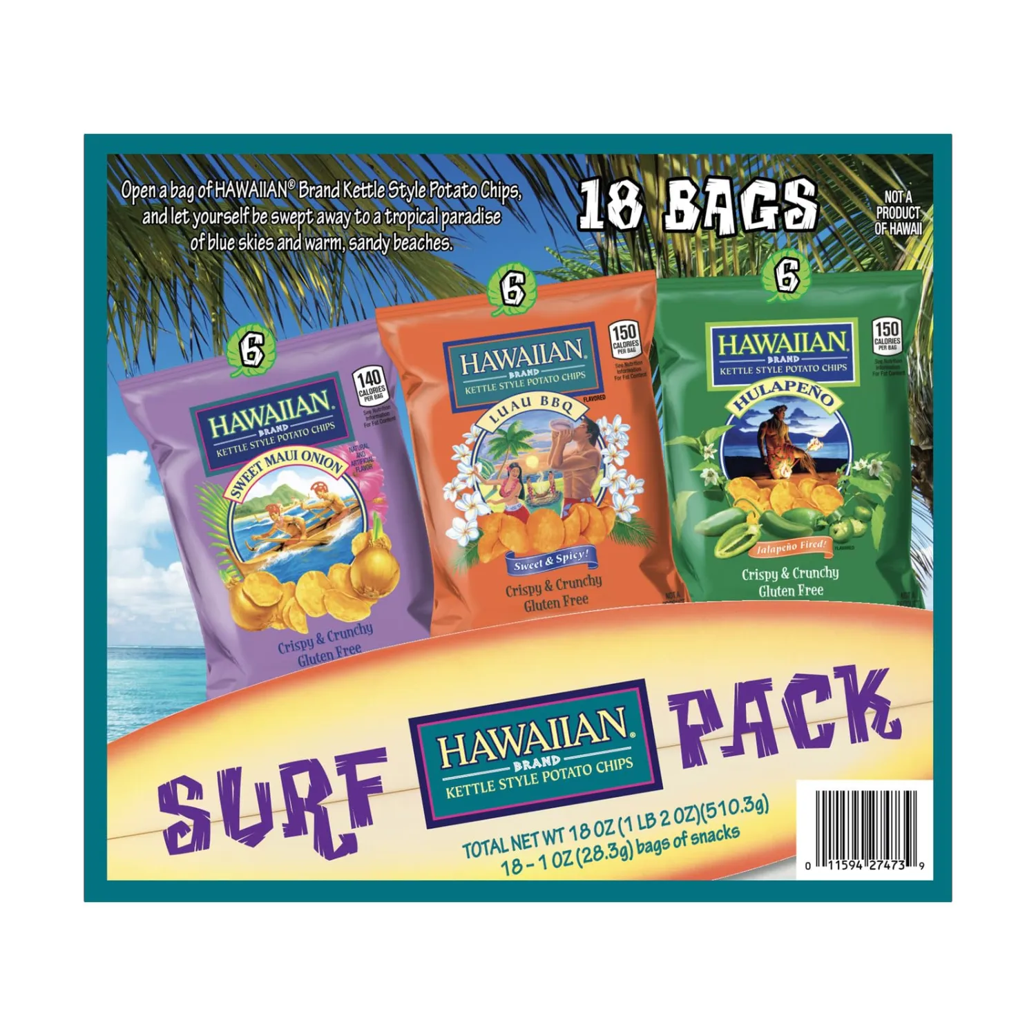 Hawaiian Brand Kettle Style Potato Chips Surf Pack, 18 Single-Serve Bags (1 oz Each) – Includes Sweet Maui Onion, Luau BBQ, and Hulapeño Flavors – Crispy & Crunchy, Gluten-Free Variety Snack Pack