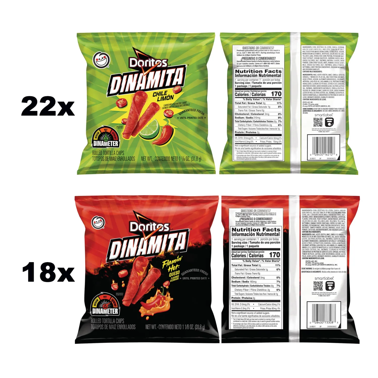 Doritos Dinamita Spicy Rolled Tortilla Chips, Chile Limon and Flamin' Hot Queso Flavored Variety Pack, (Pack of 40)