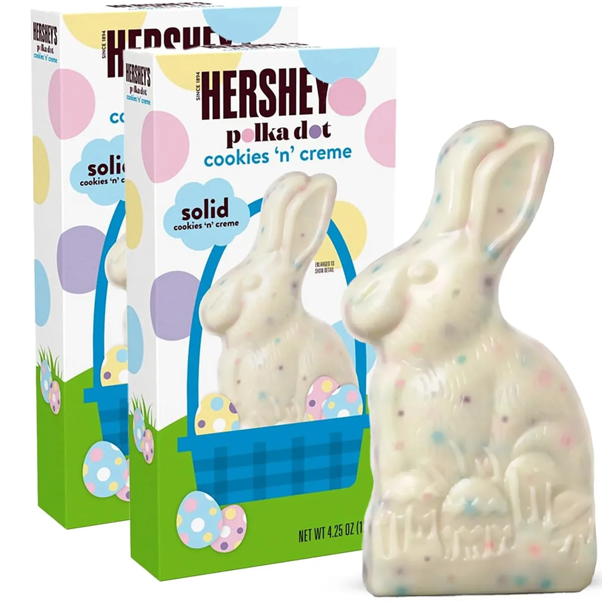 Hershey Large Bunny Cookies 'N Cream Polka Dot Easter Chocolate Bunny - 2 Pack Large White Chocolate Bunny with Crunchy Cookie Bits - Easter Basket Treat, Holiday Gift, Party Favor