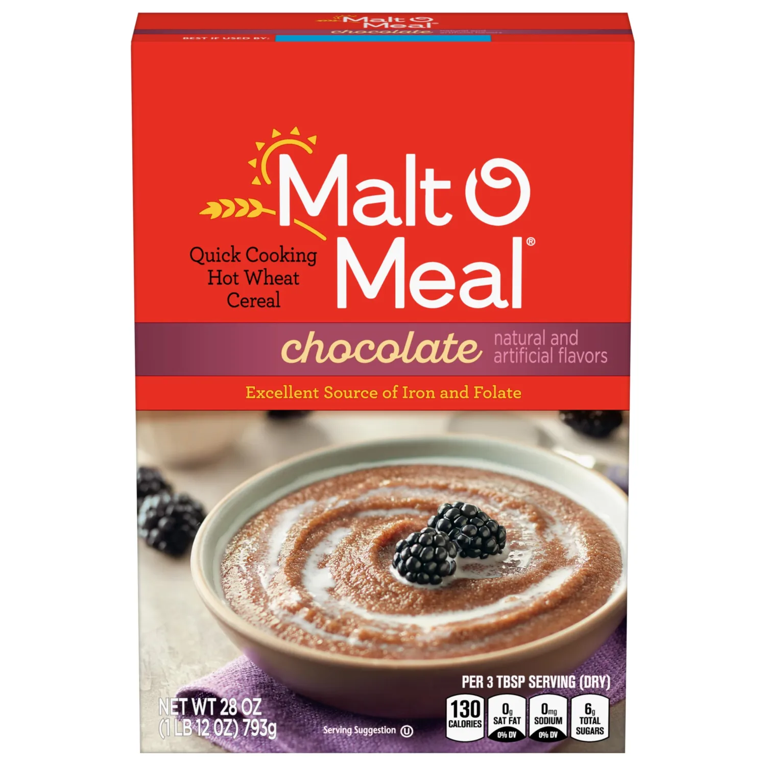 Malt-O-Meal Chocolate Hot Wheat Cereal, Instant Porridge with Folic Acid and Iron, Quick Breakfast Ready in Minutes, 28 OZ Box