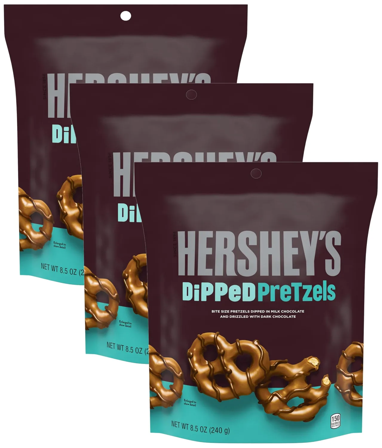 HERSHEY'S Milk and Dark Chocolate Covered Dipped Pretzels Bag, 8.5 oz (Pack of 3)
