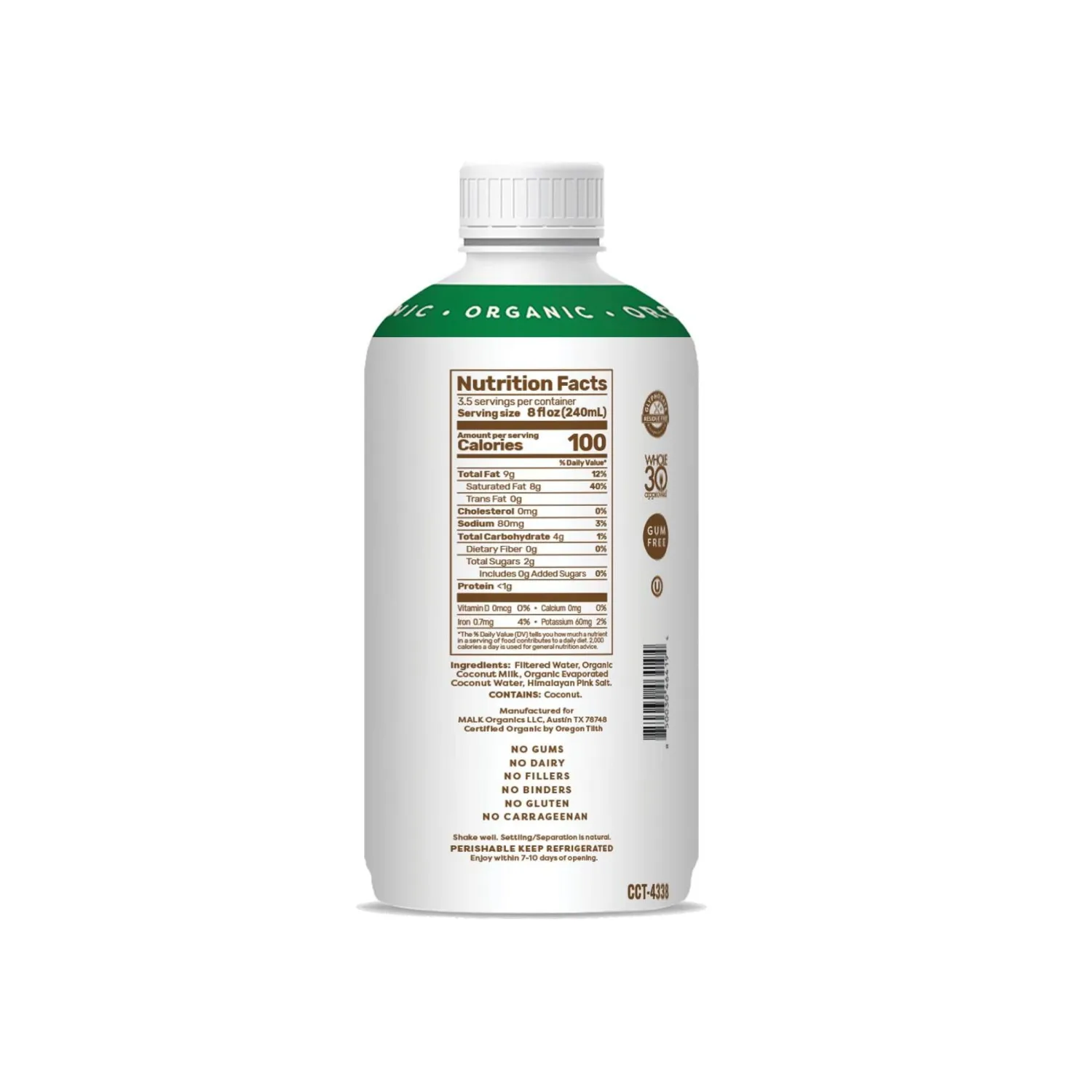 MALK Unsweetened Organic Coconut 28 fl oz - Non GMO - Whole 30 approved, Dairy Free, Vegan, Plant Based