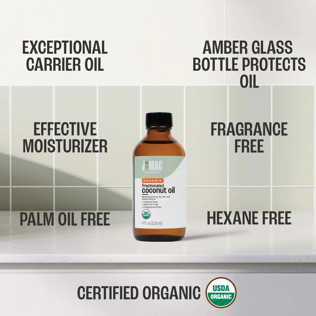 J MAC BOTANICALS Organic Fractionated Coconut Oil (4 oz Glass Bottle) Organic Carrier Oil and moisturizer