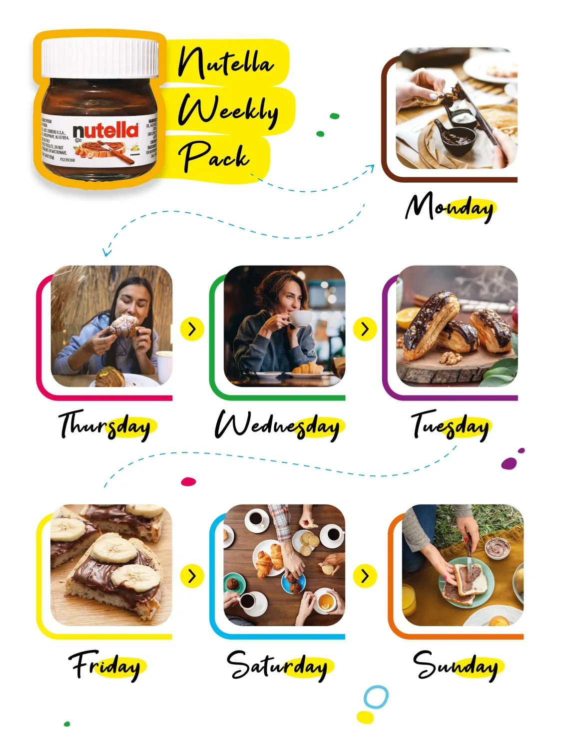 Mini Nutella Glass Jars Chocolate Hazelnut Spread (0.88 Oz) –(7 Units) Weekly Pack + 7 Mini Spoons Atrevo Bundle Pack. Made in Italy. Stockings Stuffers