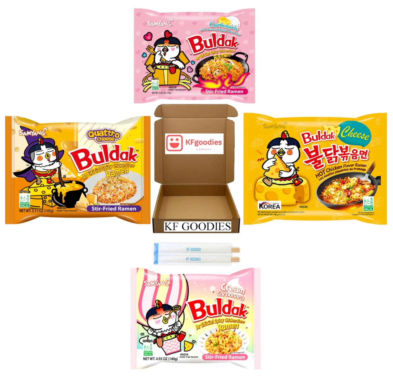 Samyang Buldak Hot Spicy Chicken Ramen Noodle Korean Stir-Fried Ramen (4, Carbonara, Cream Carbonara, Quattro Cheese, Cheese)
