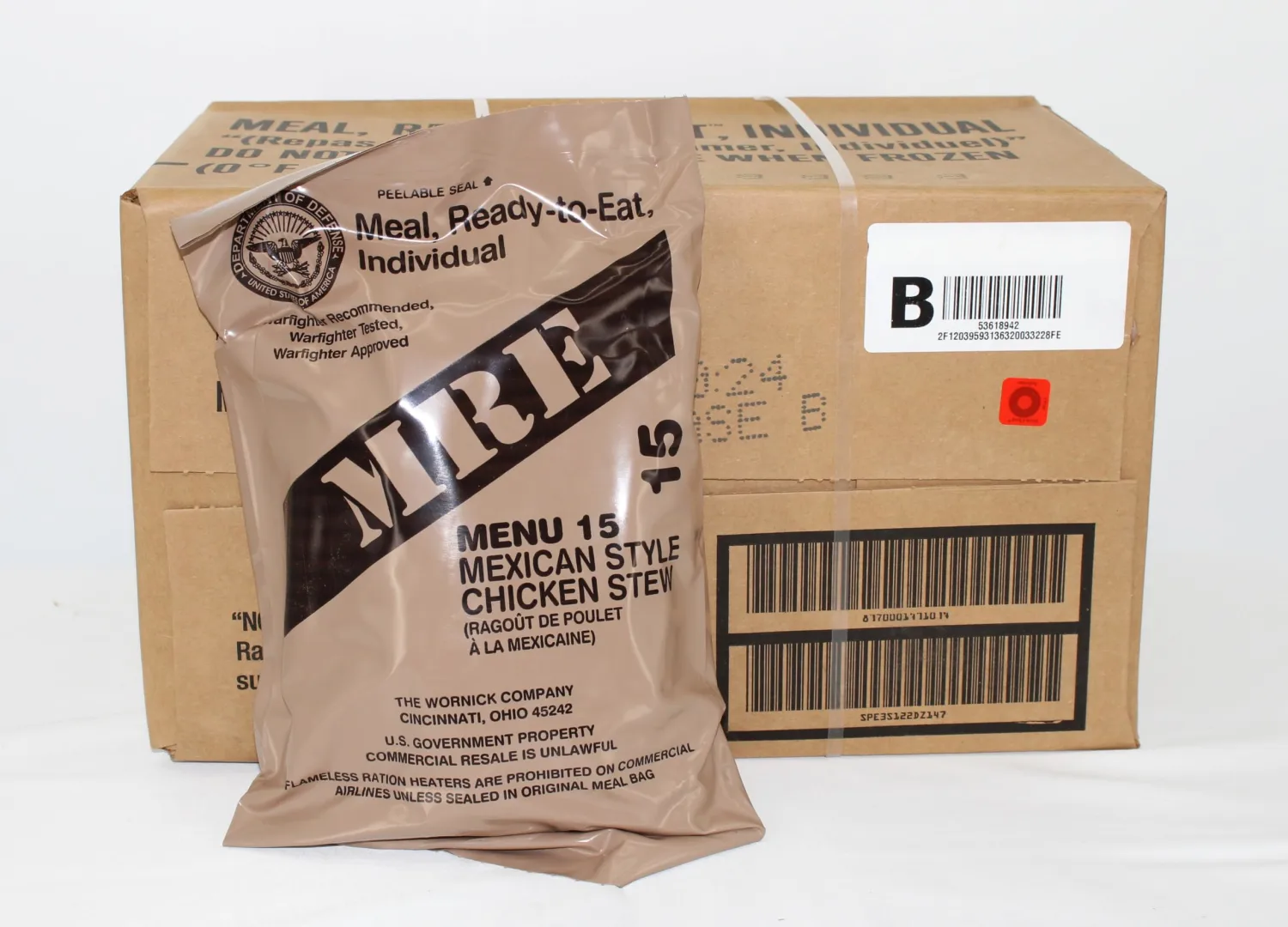 Wornick MRE Meals Ready to Eat 2024,2025 Inspection Date or Better, Emergency Food Supply, Survival Camping Outdoor Meals 12 Pack (B Case, 1, Count)