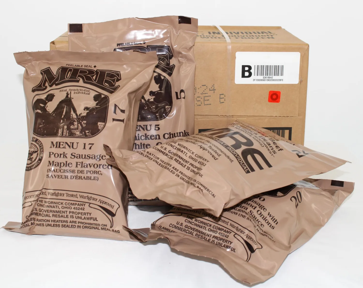 Wornick MRE Meals Ready to Eat 2024,2025 Inspection Date or Better, Emergency Food Supply, Survival Camping Outdoor Meals 12 Pack (B Case, 1, Count)