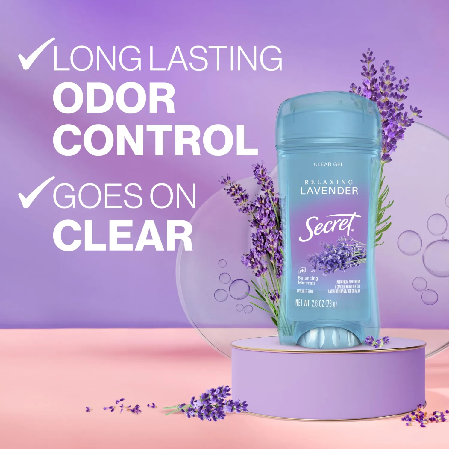 Secret Fresh Antiperspirant Deodorant for Women, 72hr Breathable Sweat & Odor Protection, Instant Freshness & Gentle, PH Balancing Minerals, Clear Gel, Relaxing Lavender Scent, 3.4 oz