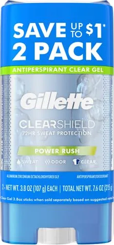 Gillette Antiperspirant and Deodorant for Men, 72hr Sweat & Odor Protection, Long Lasting Freshness, Anti-White Mark Technology, Clear Gel, Power Rush Scent, 3.8 oz (Pack of 2)