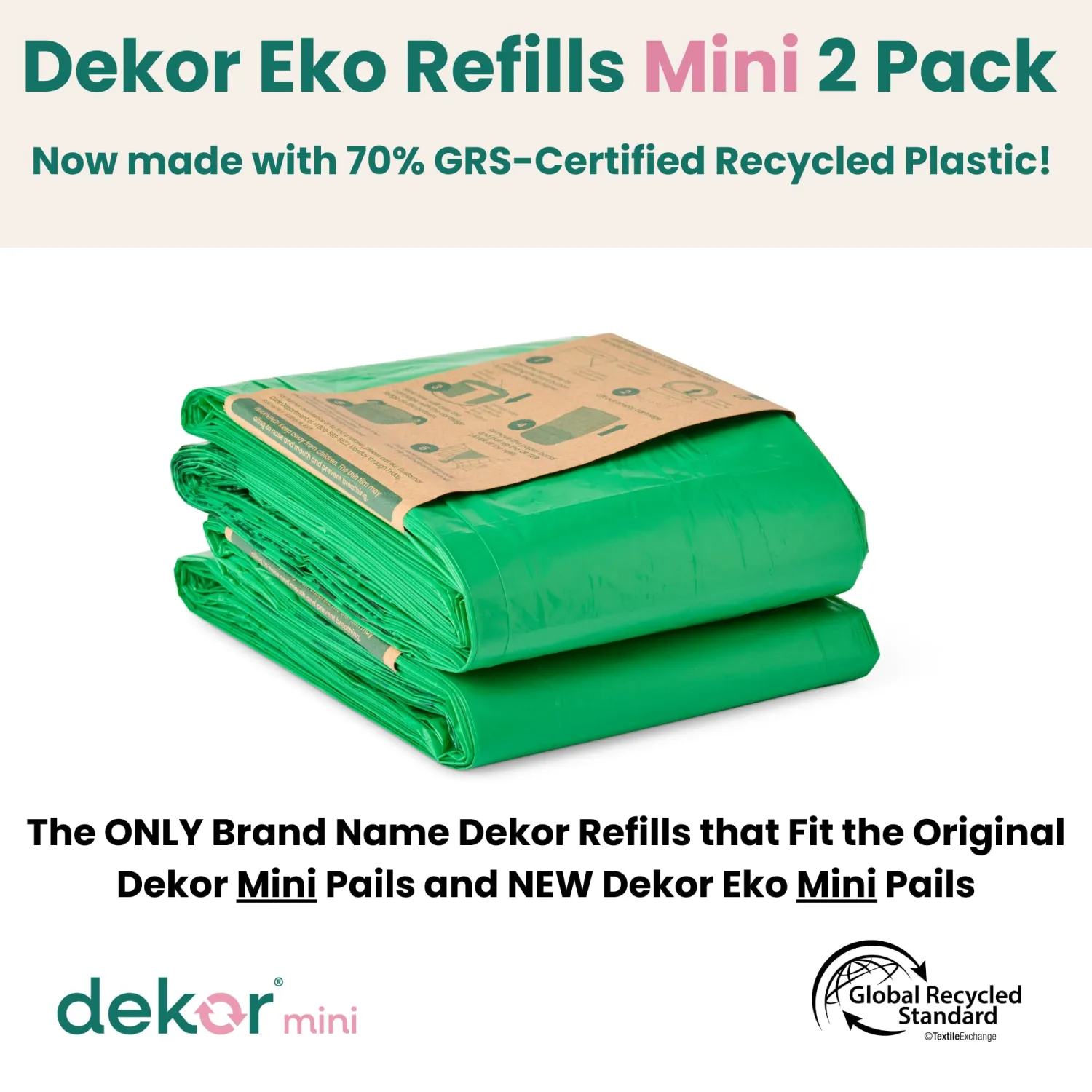 Diaper Dekor Eko Mini Refills, 2 Count | ONLY Eco-Friendly Diaper Pail Refills Made With 70% Recycled Materials | Quicker, Easier & More Cost Effective than Trash Bags | Unscented
