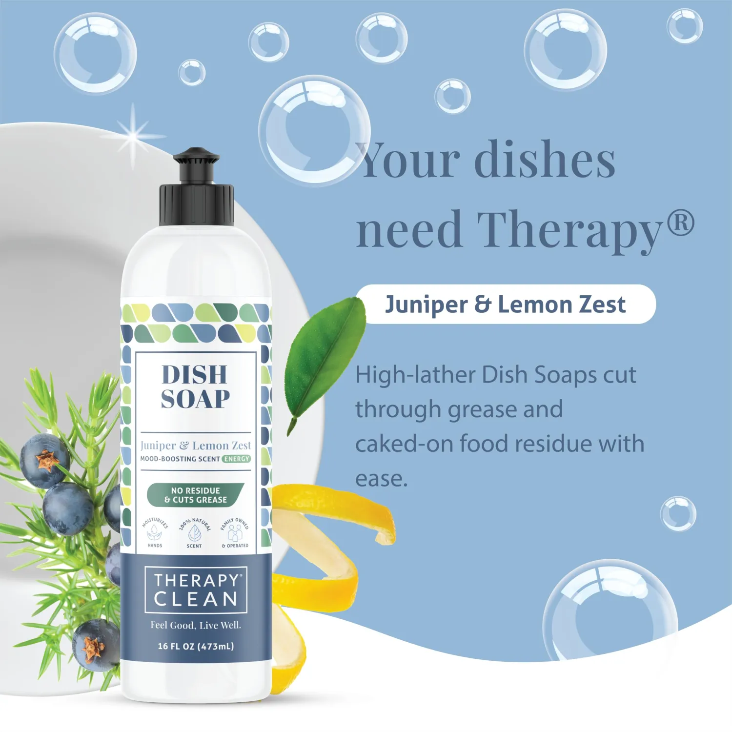 Therapy Clean Plant Based Dish Soap Liquid - Juniper & Lemon Zest fl. 16 oz - Non Toxic Dish Soap Liquid, All Natural Scent, Organic Dishwashing Cleaner and Detergent for Kitchen