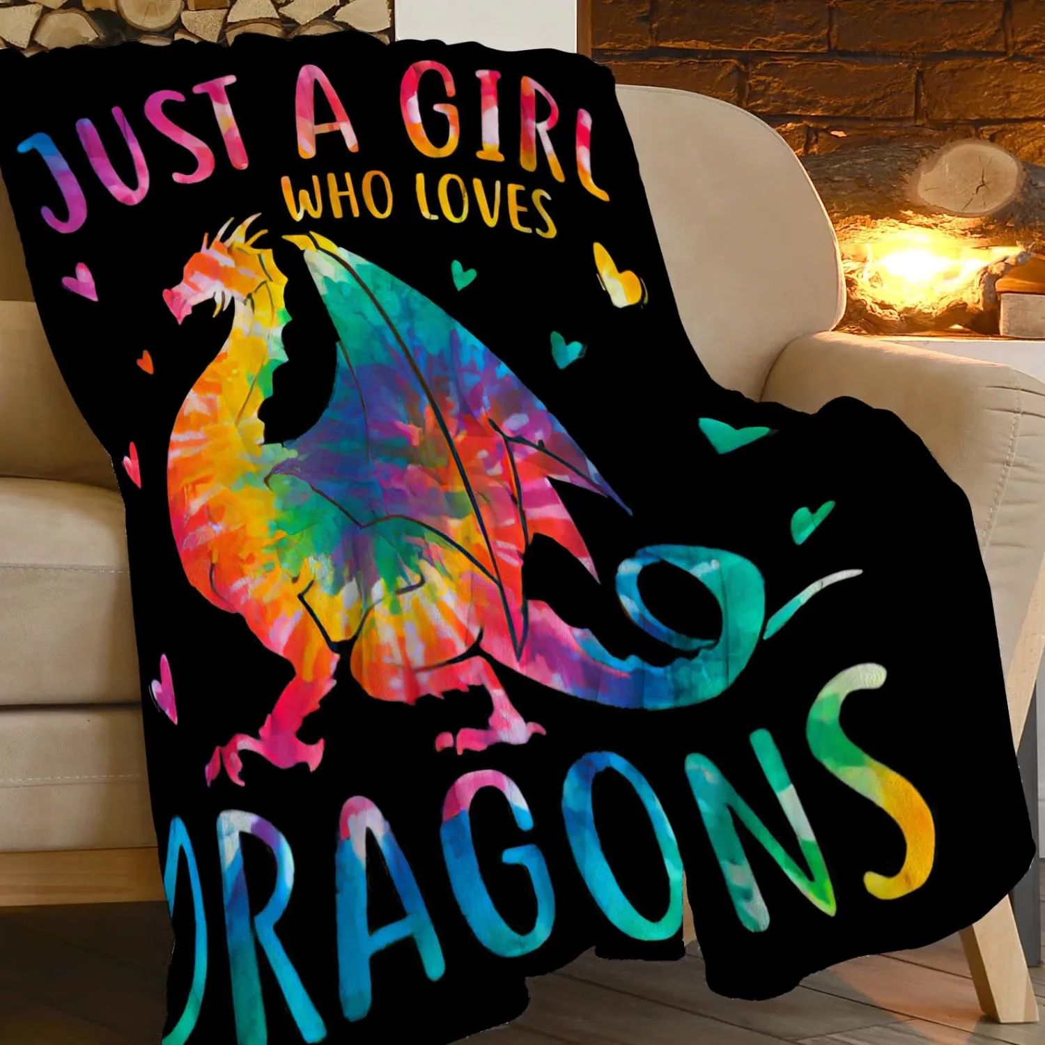 Just A Girl Who Loves Dragons Blanket Soft Warm Cozy Colorful Dragon Throw Blankets for Boys Girls Fuzzy Plush Blanket Fleece Lightweight Flannel Kid Adults Gift for Bed Couch Sofa 50"x40"
