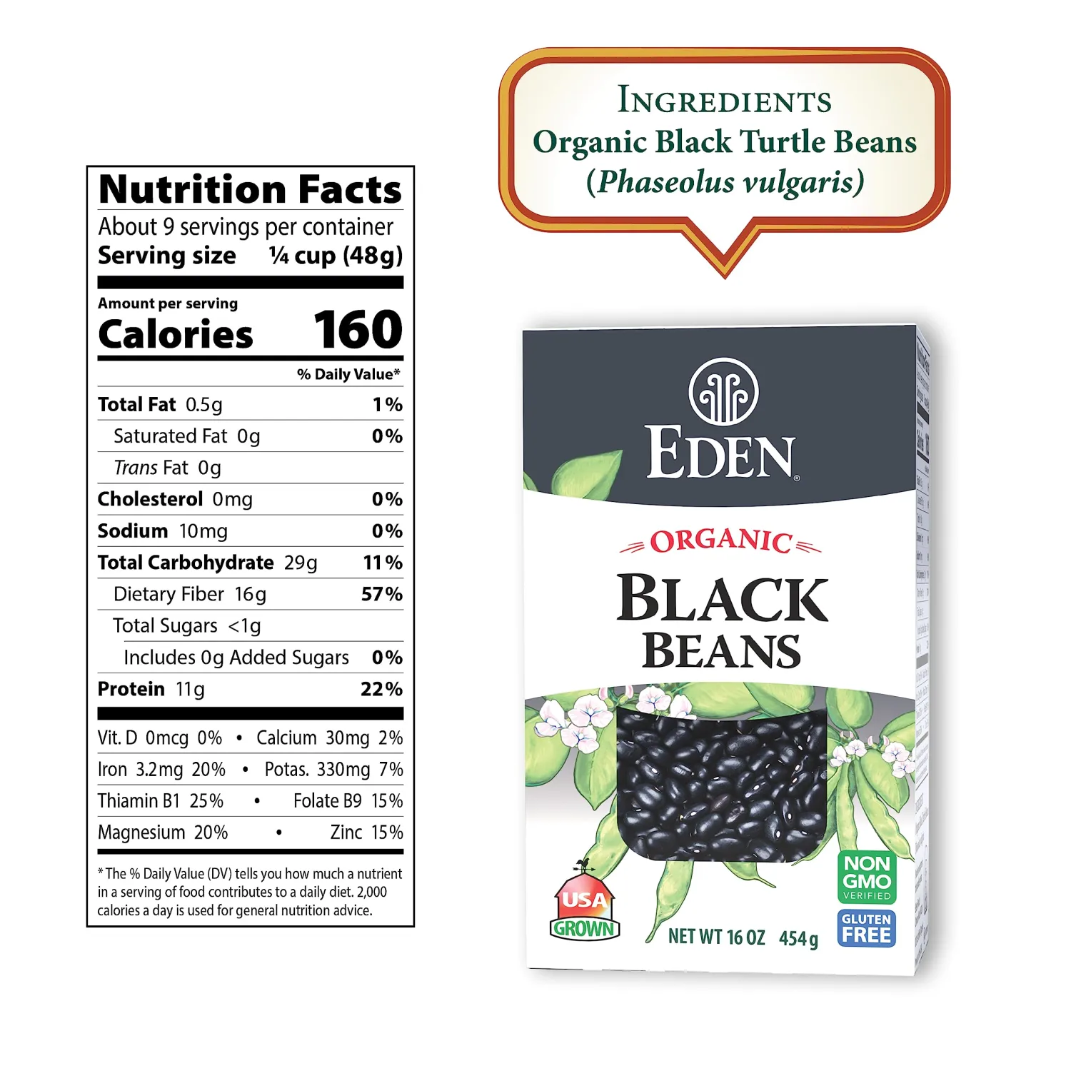 Eden Organic Dry Black Beans, 16 oz Box (1 lb), Non-GMO, U.S Grown, Turtle Beans, Frijol Negro, Caviar Criollo