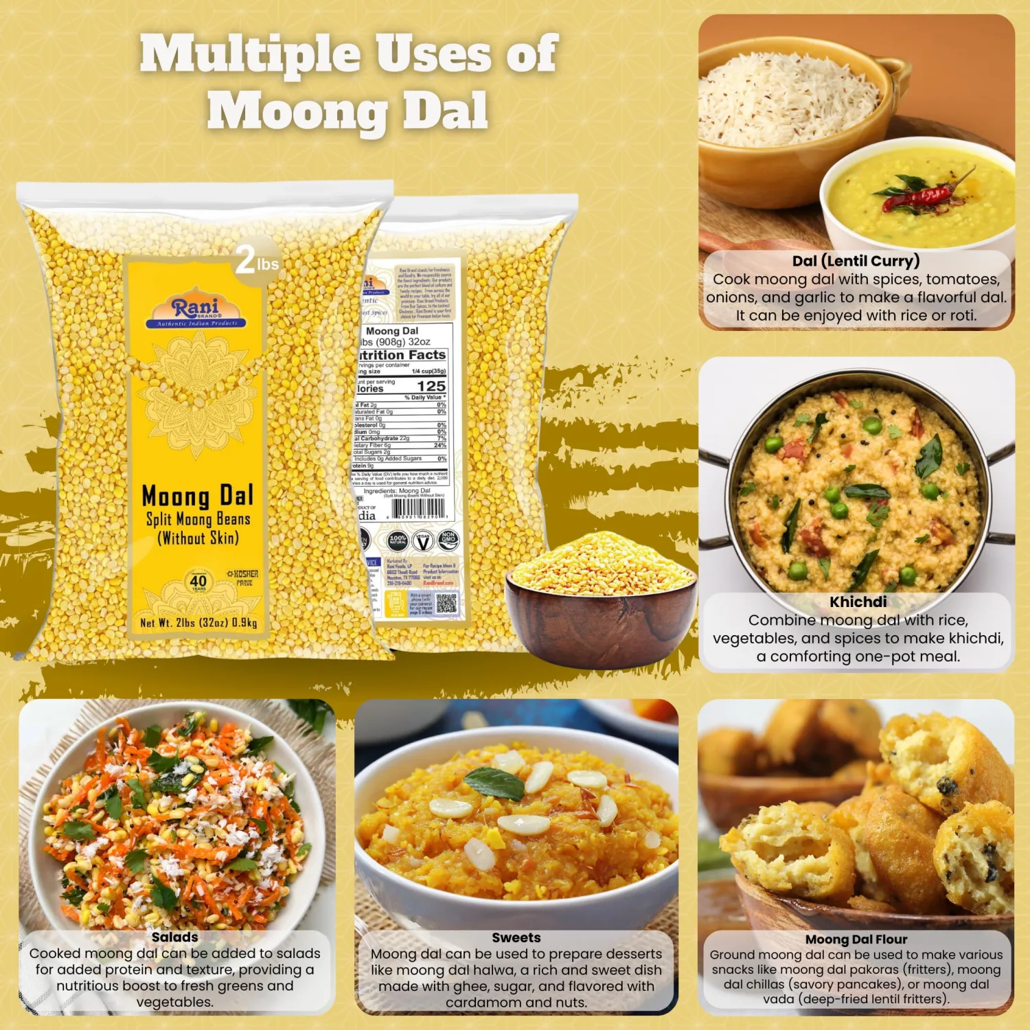 Rani Moong Dal (Split Mung Beans Without Skin) Lentils Indian 32oz (2lbs) 908g ~ All Natural | Gluten Friendly | Non-GMO | Kosher | Vegan | Indian Origin