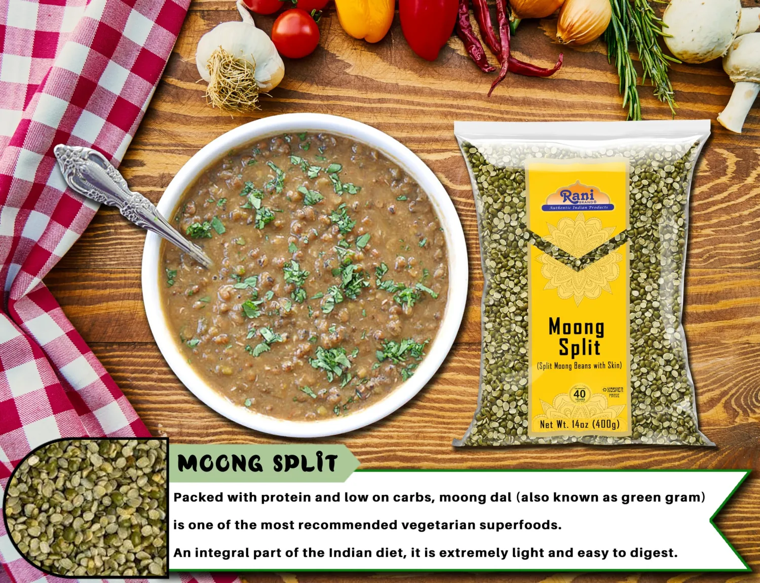Rani Moong Split (Split Mung Beans with Skin) Lentils Indian 14oz (400g) ~ All Natural | Gluten Friendly | Non-GMO | Kosher | Vegan | Indian Origin