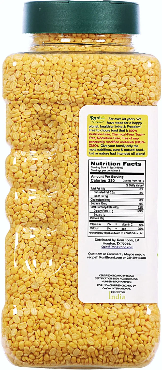 Rani Organic Moong Dal (Split Moong Beans Skinless) Indian Lentils 32oz (2lbs) 908g PET Jar ~ All Natural | Vegan | Gluten Friendly | NON-GMO | Indian Origin | USDA Certified Organic