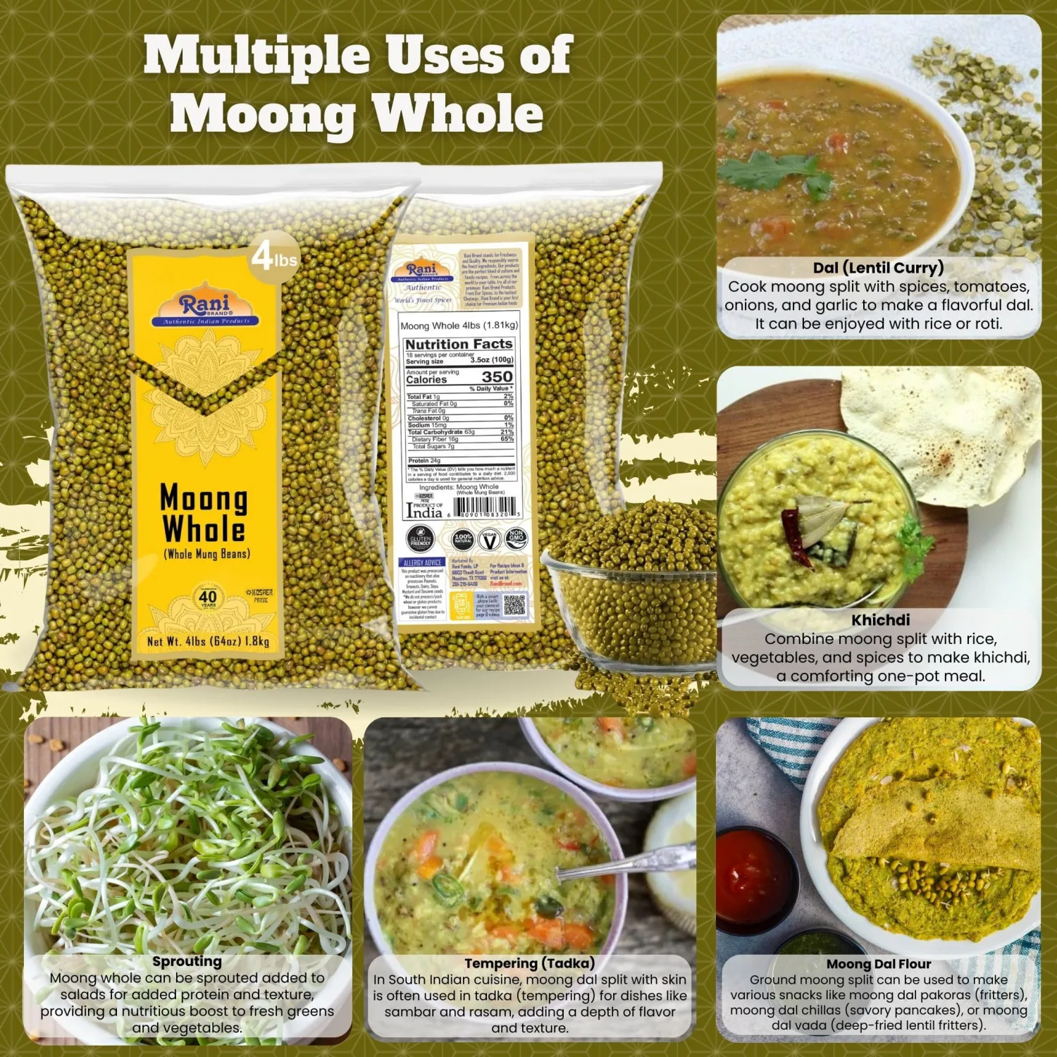 Rani Moong Whole (Ideal for cooking & sprouting, Whole Mung Beans with skin) Lentils Indian 64oz (4lbs) 1.81kg Bulk ~ All Natural | Gluten Friendly | Non-GMO | Kosher | Vegan | Indian Origin